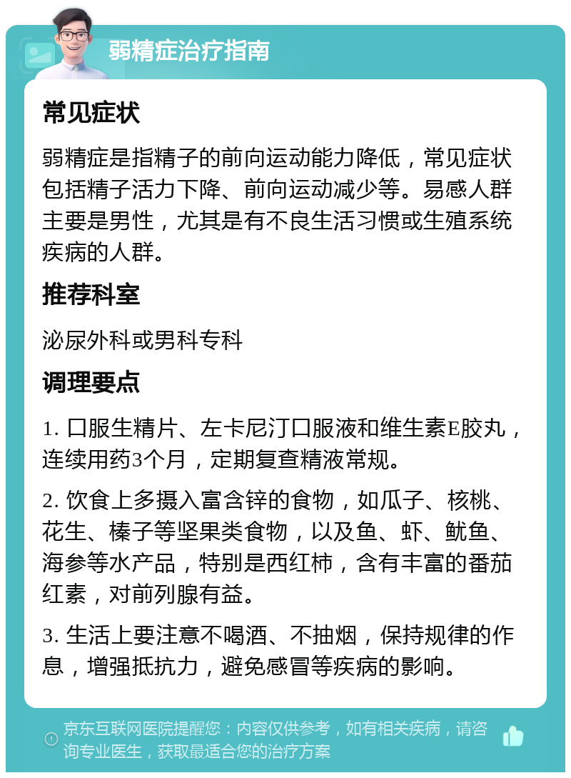 弱精症治疗指南 常见症状 弱精症是指精子的前向运动能力降低，常见症状包括精子活力下降、前向运动减少等。易感人群主要是男性，尤其是有不良生活习惯或生殖系统疾病的人群。 推荐科室 泌尿外科或男科专科 调理要点 1. 口服生精片、左卡尼汀口服液和维生素E胶丸，连续用药3个月，定期复查精液常规。 2. 饮食上多摄入富含锌的食物，如瓜子、核桃、花生、榛子等坚果类食物，以及鱼、虾、鱿鱼、海参等水产品，特别是西红柿，含有丰富的番茄红素，对前列腺有益。 3. 生活上要注意不喝酒、不抽烟，保持规律的作息，增强抵抗力，避免感冒等疾病的影响。