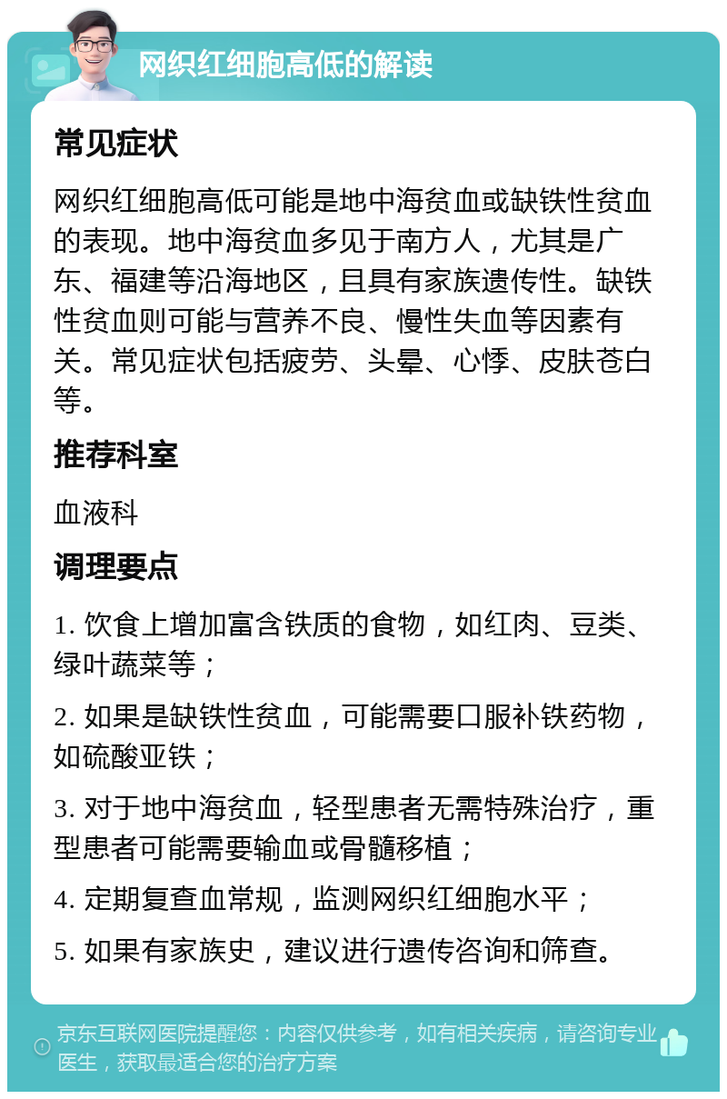 网织红细胞高低的解读 常见症状 网织红细胞高低可能是地中海贫血或缺铁性贫血的表现。地中海贫血多见于南方人，尤其是广东、福建等沿海地区，且具有家族遗传性。缺铁性贫血则可能与营养不良、慢性失血等因素有关。常见症状包括疲劳、头晕、心悸、皮肤苍白等。 推荐科室 血液科 调理要点 1. 饮食上增加富含铁质的食物，如红肉、豆类、绿叶蔬菜等； 2. 如果是缺铁性贫血，可能需要口服补铁药物，如硫酸亚铁； 3. 对于地中海贫血，轻型患者无需特殊治疗，重型患者可能需要输血或骨髓移植； 4. 定期复查血常规，监测网织红细胞水平； 5. 如果有家族史，建议进行遗传咨询和筛查。