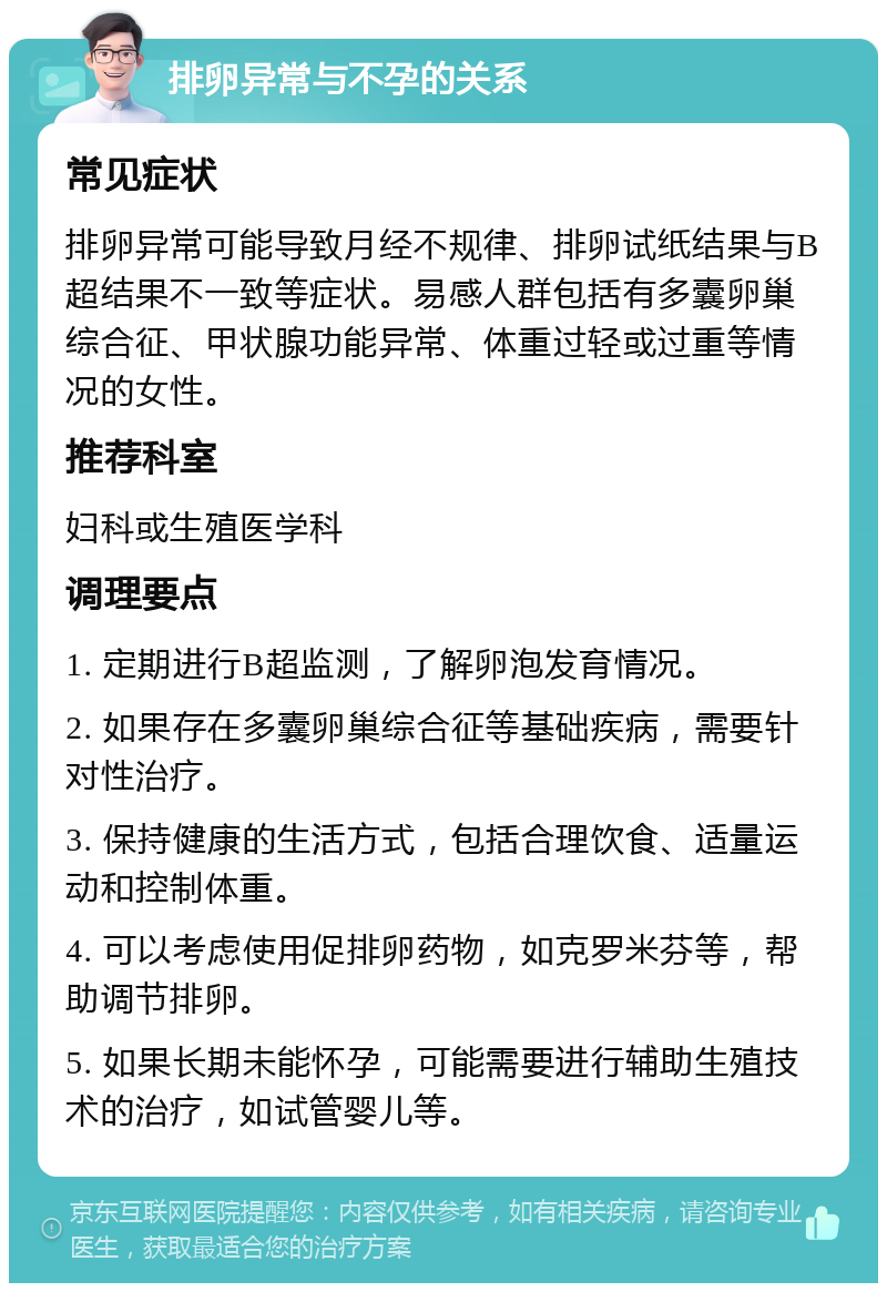 排卵异常与不孕的关系 常见症状 排卵异常可能导致月经不规律、排卵试纸结果与B超结果不一致等症状。易感人群包括有多囊卵巢综合征、甲状腺功能异常、体重过轻或过重等情况的女性。 推荐科室 妇科或生殖医学科 调理要点 1. 定期进行B超监测，了解卵泡发育情况。 2. 如果存在多囊卵巢综合征等基础疾病，需要针对性治疗。 3. 保持健康的生活方式，包括合理饮食、适量运动和控制体重。 4. 可以考虑使用促排卵药物，如克罗米芬等，帮助调节排卵。 5. 如果长期未能怀孕，可能需要进行辅助生殖技术的治疗，如试管婴儿等。