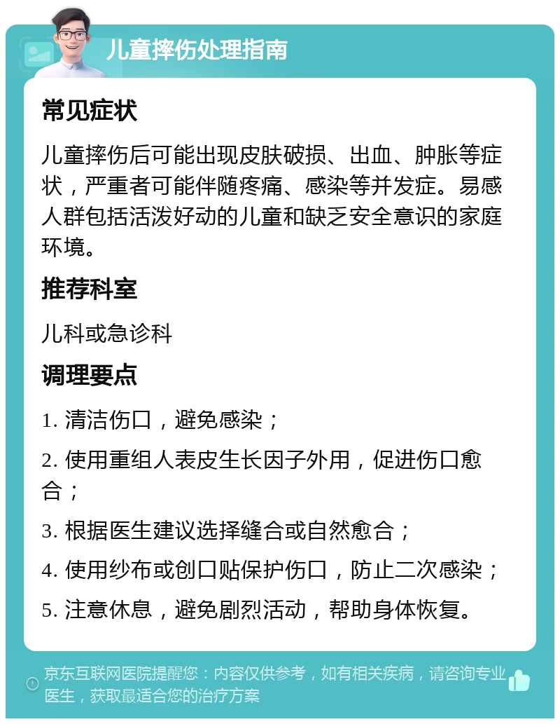 儿童摔伤处理指南 常见症状 儿童摔伤后可能出现皮肤破损、出血、肿胀等症状，严重者可能伴随疼痛、感染等并发症。易感人群包括活泼好动的儿童和缺乏安全意识的家庭环境。 推荐科室 儿科或急诊科 调理要点 1. 清洁伤口，避免感染； 2. 使用重组人表皮生长因子外用，促进伤口愈合； 3. 根据医生建议选择缝合或自然愈合； 4. 使用纱布或创口贴保护伤口，防止二次感染； 5. 注意休息，避免剧烈活动，帮助身体恢复。