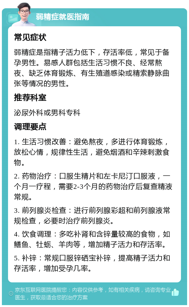 弱精症就医指南 常见症状 弱精症是指精子活力低下，存活率低，常见于备孕男性。易感人群包括生活习惯不良、经常熬夜、缺乏体育锻炼、有生殖道感染或精索静脉曲张等情况的男性。 推荐科室 泌尿外科或男科专科 调理要点 1. 生活习惯改善：避免熬夜，多进行体育锻炼，放松心情，规律性生活，避免烟酒和辛辣刺激食物。 2. 药物治疗：口服生精片和左卡尼汀口服液，一个月一疗程，需要2-3个月的药物治疗后复查精液常规。 3. 前列腺炎检查：进行前列腺彩超和前列腺液常规检查，必要时治疗前列腺炎。 4. 饮食调理：多吃补肾和含锌量较高的食物，如鳝鱼、牡蛎、羊肉等，增加精子活力和存活率。 5. 补锌：常规口服锌硒宝补锌，提高精子活力和存活率，增加受孕几率。