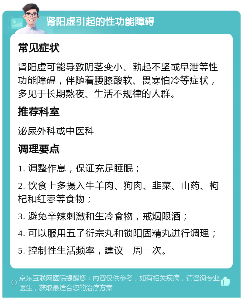 肾阳虚引起的性功能障碍 常见症状 肾阳虚可能导致阴茎变小、勃起不坚或早泄等性功能障碍，伴随着腰膝酸软、畏寒怕冷等症状，多见于长期熬夜、生活不规律的人群。 推荐科室 泌尿外科或中医科 调理要点 1. 调整作息，保证充足睡眠； 2. 饮食上多摄入牛羊肉、狗肉、韭菜、山药、枸杞和红枣等食物； 3. 避免辛辣刺激和生冷食物，戒烟限酒； 4. 可以服用五子衍宗丸和锁阳固精丸进行调理； 5. 控制性生活频率，建议一周一次。