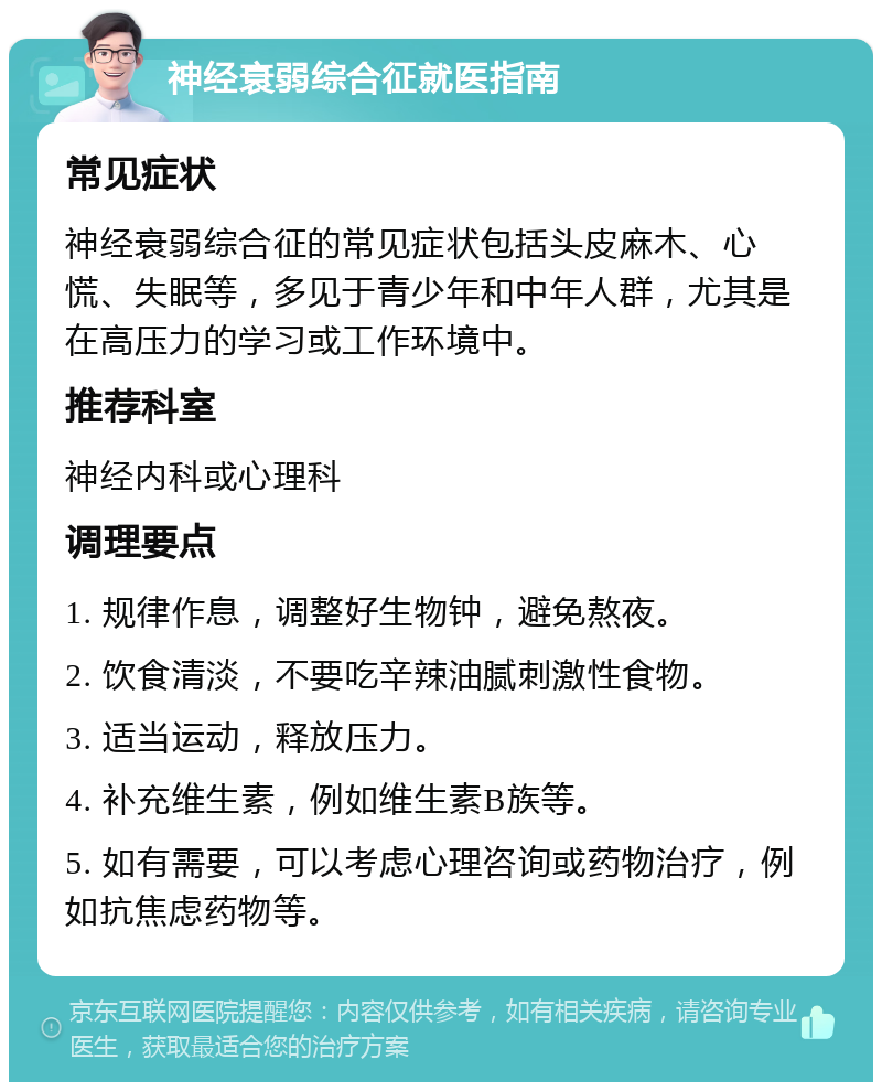 神经衰弱综合征就医指南 常见症状 神经衰弱综合征的常见症状包括头皮麻木、心慌、失眠等，多见于青少年和中年人群，尤其是在高压力的学习或工作环境中。 推荐科室 神经内科或心理科 调理要点 1. 规律作息，调整好生物钟，避免熬夜。 2. 饮食清淡，不要吃辛辣油腻刺激性食物。 3. 适当运动，释放压力。 4. 补充维生素，例如维生素B族等。 5. 如有需要，可以考虑心理咨询或药物治疗，例如抗焦虑药物等。