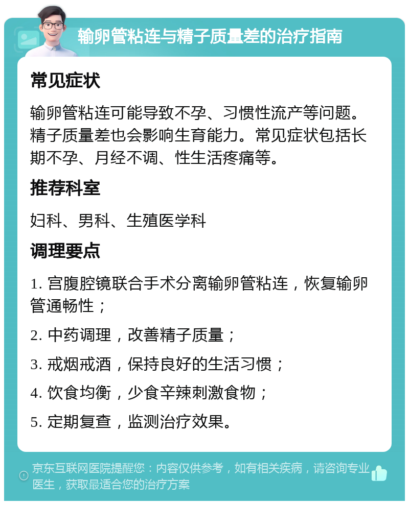 输卵管粘连与精子质量差的治疗指南 常见症状 输卵管粘连可能导致不孕、习惯性流产等问题。精子质量差也会影响生育能力。常见症状包括长期不孕、月经不调、性生活疼痛等。 推荐科室 妇科、男科、生殖医学科 调理要点 1. 宫腹腔镜联合手术分离输卵管粘连，恢复输卵管通畅性； 2. 中药调理，改善精子质量； 3. 戒烟戒酒，保持良好的生活习惯； 4. 饮食均衡，少食辛辣刺激食物； 5. 定期复查，监测治疗效果。