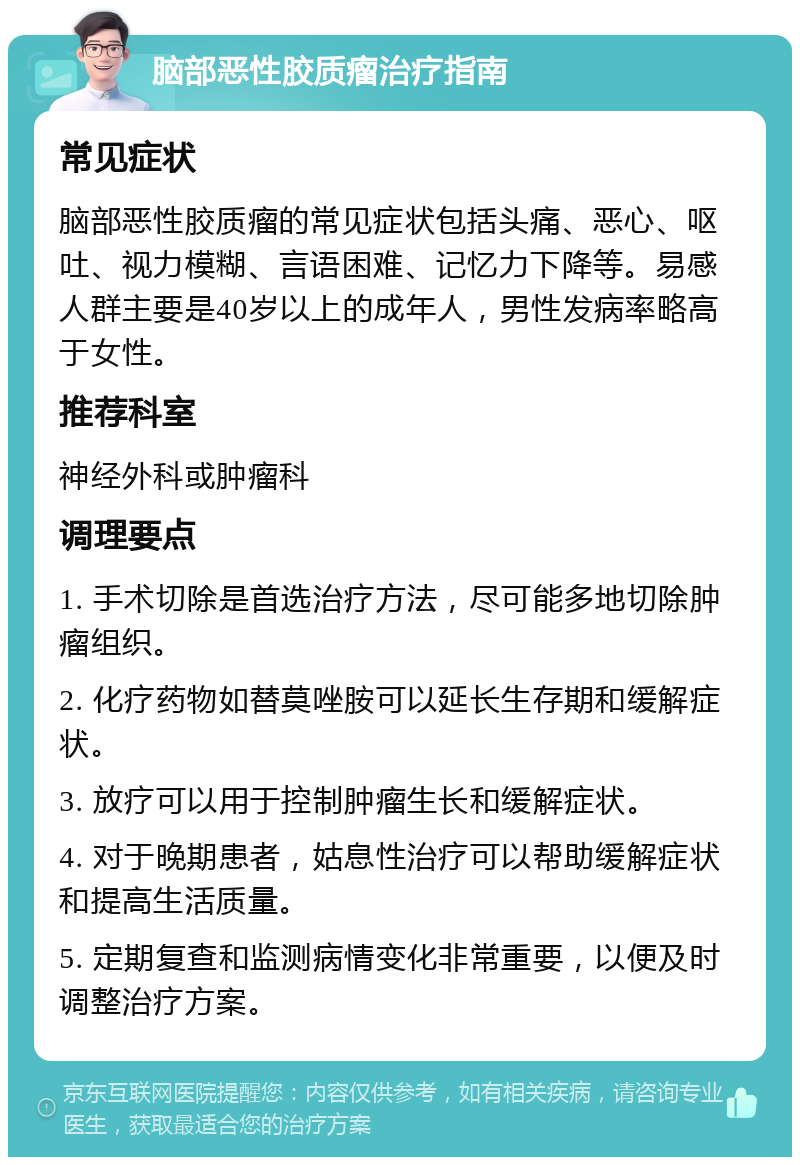 脑部恶性胶质瘤治疗指南 常见症状 脑部恶性胶质瘤的常见症状包括头痛、恶心、呕吐、视力模糊、言语困难、记忆力下降等。易感人群主要是40岁以上的成年人，男性发病率略高于女性。 推荐科室 神经外科或肿瘤科 调理要点 1. 手术切除是首选治疗方法，尽可能多地切除肿瘤组织。 2. 化疗药物如替莫唑胺可以延长生存期和缓解症状。 3. 放疗可以用于控制肿瘤生长和缓解症状。 4. 对于晚期患者，姑息性治疗可以帮助缓解症状和提高生活质量。 5. 定期复查和监测病情变化非常重要，以便及时调整治疗方案。