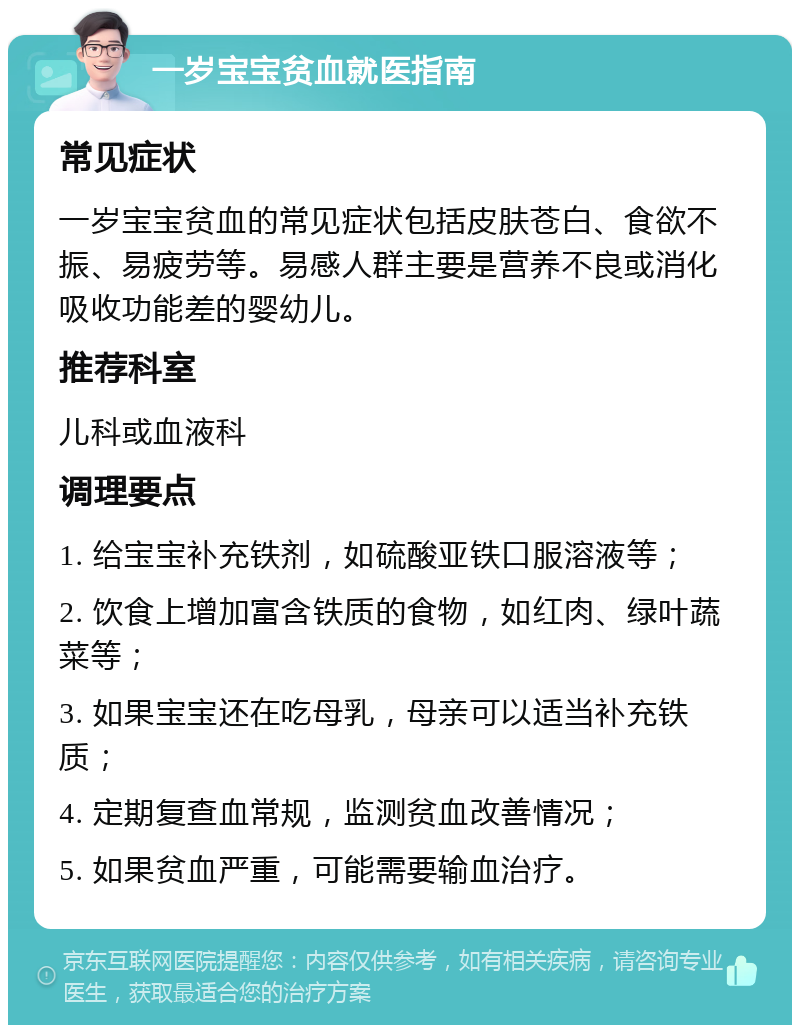 一岁宝宝贫血就医指南 常见症状 一岁宝宝贫血的常见症状包括皮肤苍白、食欲不振、易疲劳等。易感人群主要是营养不良或消化吸收功能差的婴幼儿。 推荐科室 儿科或血液科 调理要点 1. 给宝宝补充铁剂，如硫酸亚铁口服溶液等； 2. 饮食上增加富含铁质的食物，如红肉、绿叶蔬菜等； 3. 如果宝宝还在吃母乳，母亲可以适当补充铁质； 4. 定期复查血常规，监测贫血改善情况； 5. 如果贫血严重，可能需要输血治疗。