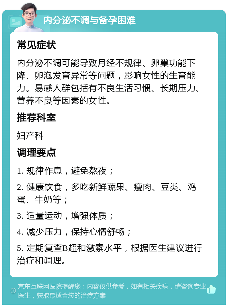 内分泌不调与备孕困难 常见症状 内分泌不调可能导致月经不规律、卵巢功能下降、卵泡发育异常等问题，影响女性的生育能力。易感人群包括有不良生活习惯、长期压力、营养不良等因素的女性。 推荐科室 妇产科 调理要点 1. 规律作息，避免熬夜； 2. 健康饮食，多吃新鲜蔬果、瘦肉、豆类、鸡蛋、牛奶等； 3. 适量运动，增强体质； 4. 减少压力，保持心情舒畅； 5. 定期复查B超和激素水平，根据医生建议进行治疗和调理。