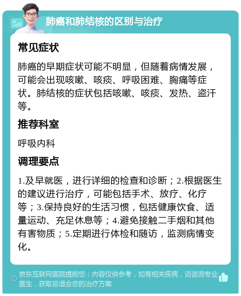 肺癌和肺结核的区别与治疗 常见症状 肺癌的早期症状可能不明显，但随着病情发展，可能会出现咳嗽、咳痰、呼吸困难、胸痛等症状。肺结核的症状包括咳嗽、咳痰、发热、盗汗等。 推荐科室 呼吸内科 调理要点 1.及早就医，进行详细的检查和诊断；2.根据医生的建议进行治疗，可能包括手术、放疗、化疗等；3.保持良好的生活习惯，包括健康饮食、适量运动、充足休息等；4.避免接触二手烟和其他有害物质；5.定期进行体检和随访，监测病情变化。