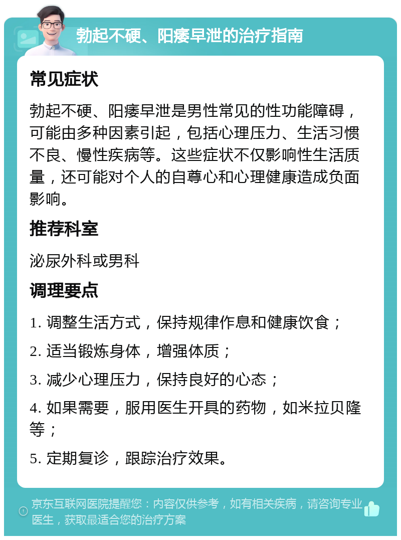 勃起不硬、阳痿早泄的治疗指南 常见症状 勃起不硬、阳痿早泄是男性常见的性功能障碍，可能由多种因素引起，包括心理压力、生活习惯不良、慢性疾病等。这些症状不仅影响性生活质量，还可能对个人的自尊心和心理健康造成负面影响。 推荐科室 泌尿外科或男科 调理要点 1. 调整生活方式，保持规律作息和健康饮食； 2. 适当锻炼身体，增强体质； 3. 减少心理压力，保持良好的心态； 4. 如果需要，服用医生开具的药物，如米拉贝隆等； 5. 定期复诊，跟踪治疗效果。