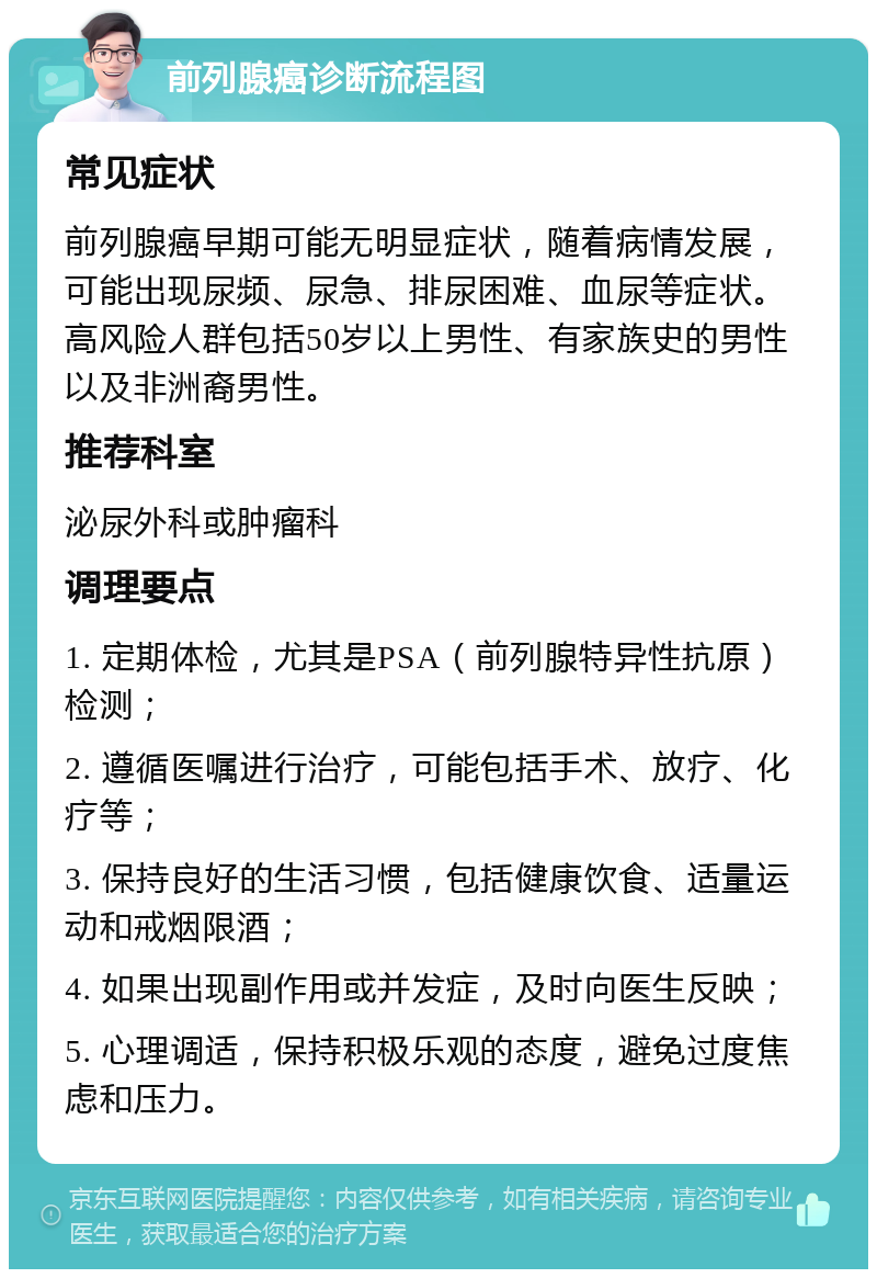 前列腺癌诊断流程图 常见症状 前列腺癌早期可能无明显症状，随着病情发展，可能出现尿频、尿急、排尿困难、血尿等症状。高风险人群包括50岁以上男性、有家族史的男性以及非洲裔男性。 推荐科室 泌尿外科或肿瘤科 调理要点 1. 定期体检，尤其是PSA（前列腺特异性抗原）检测； 2. 遵循医嘱进行治疗，可能包括手术、放疗、化疗等； 3. 保持良好的生活习惯，包括健康饮食、适量运动和戒烟限酒； 4. 如果出现副作用或并发症，及时向医生反映； 5. 心理调适，保持积极乐观的态度，避免过度焦虑和压力。