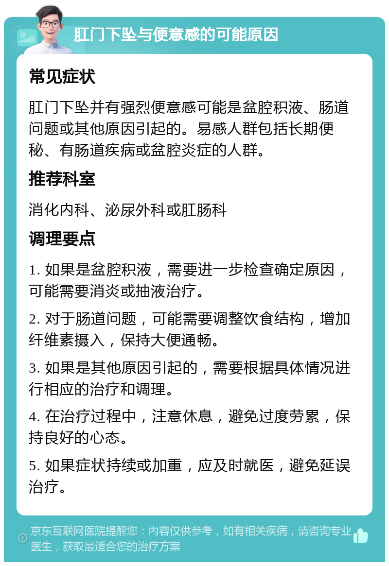 肛门下坠与便意感的可能原因 常见症状 肛门下坠并有强烈便意感可能是盆腔积液、肠道问题或其他原因引起的。易感人群包括长期便秘、有肠道疾病或盆腔炎症的人群。 推荐科室 消化内科、泌尿外科或肛肠科 调理要点 1. 如果是盆腔积液，需要进一步检查确定原因，可能需要消炎或抽液治疗。 2. 对于肠道问题，可能需要调整饮食结构，增加纤维素摄入，保持大便通畅。 3. 如果是其他原因引起的，需要根据具体情况进行相应的治疗和调理。 4. 在治疗过程中，注意休息，避免过度劳累，保持良好的心态。 5. 如果症状持续或加重，应及时就医，避免延误治疗。