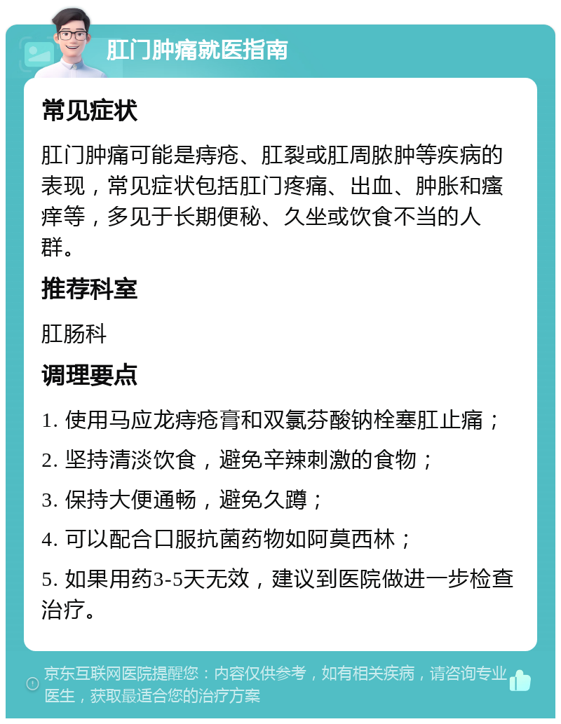 肛门肿痛就医指南 常见症状 肛门肿痛可能是痔疮、肛裂或肛周脓肿等疾病的表现，常见症状包括肛门疼痛、出血、肿胀和瘙痒等，多见于长期便秘、久坐或饮食不当的人群。 推荐科室 肛肠科 调理要点 1. 使用马应龙痔疮膏和双氯芬酸钠栓塞肛止痛； 2. 坚持清淡饮食，避免辛辣刺激的食物； 3. 保持大便通畅，避免久蹲； 4. 可以配合口服抗菌药物如阿莫西林； 5. 如果用药3-5天无效，建议到医院做进一步检查治疗。