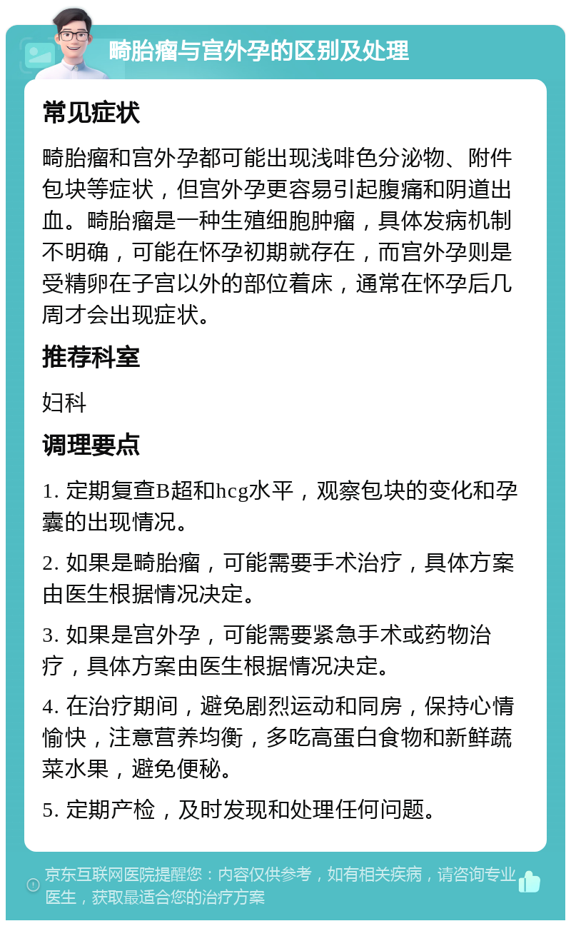 畸胎瘤与宫外孕的区别及处理 常见症状 畸胎瘤和宫外孕都可能出现浅啡色分泌物、附件包块等症状，但宫外孕更容易引起腹痛和阴道出血。畸胎瘤是一种生殖细胞肿瘤，具体发病机制不明确，可能在怀孕初期就存在，而宫外孕则是受精卵在子宫以外的部位着床，通常在怀孕后几周才会出现症状。 推荐科室 妇科 调理要点 1. 定期复查B超和hcg水平，观察包块的变化和孕囊的出现情况。 2. 如果是畸胎瘤，可能需要手术治疗，具体方案由医生根据情况决定。 3. 如果是宫外孕，可能需要紧急手术或药物治疗，具体方案由医生根据情况决定。 4. 在治疗期间，避免剧烈运动和同房，保持心情愉快，注意营养均衡，多吃高蛋白食物和新鲜蔬菜水果，避免便秘。 5. 定期产检，及时发现和处理任何问题。