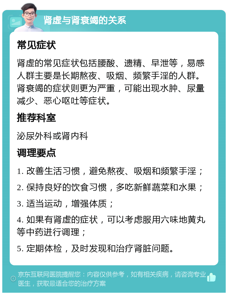 肾虚与肾衰竭的关系 常见症状 肾虚的常见症状包括腰酸、遗精、早泄等，易感人群主要是长期熬夜、吸烟、频繁手淫的人群。肾衰竭的症状则更为严重，可能出现水肿、尿量减少、恶心呕吐等症状。 推荐科室 泌尿外科或肾内科 调理要点 1. 改善生活习惯，避免熬夜、吸烟和频繁手淫； 2. 保持良好的饮食习惯，多吃新鲜蔬菜和水果； 3. 适当运动，增强体质； 4. 如果有肾虚的症状，可以考虑服用六味地黄丸等中药进行调理； 5. 定期体检，及时发现和治疗肾脏问题。