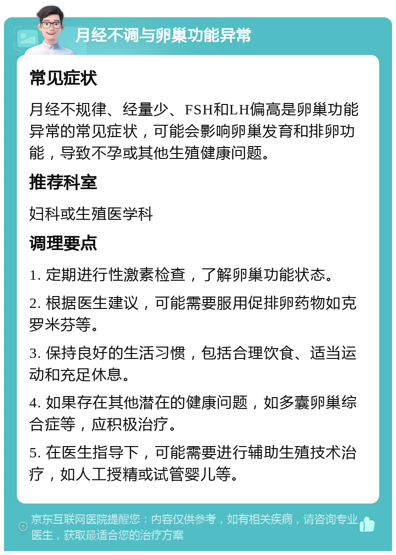 月经不调与卵巢功能异常 常见症状 月经不规律、经量少、FSH和LH偏高是卵巢功能异常的常见症状，可能会影响卵巢发育和排卵功能，导致不孕或其他生殖健康问题。 推荐科室 妇科或生殖医学科 调理要点 1. 定期进行性激素检查，了解卵巢功能状态。 2. 根据医生建议，可能需要服用促排卵药物如克罗米芬等。 3. 保持良好的生活习惯，包括合理饮食、适当运动和充足休息。 4. 如果存在其他潜在的健康问题，如多囊卵巢综合症等，应积极治疗。 5. 在医生指导下，可能需要进行辅助生殖技术治疗，如人工授精或试管婴儿等。