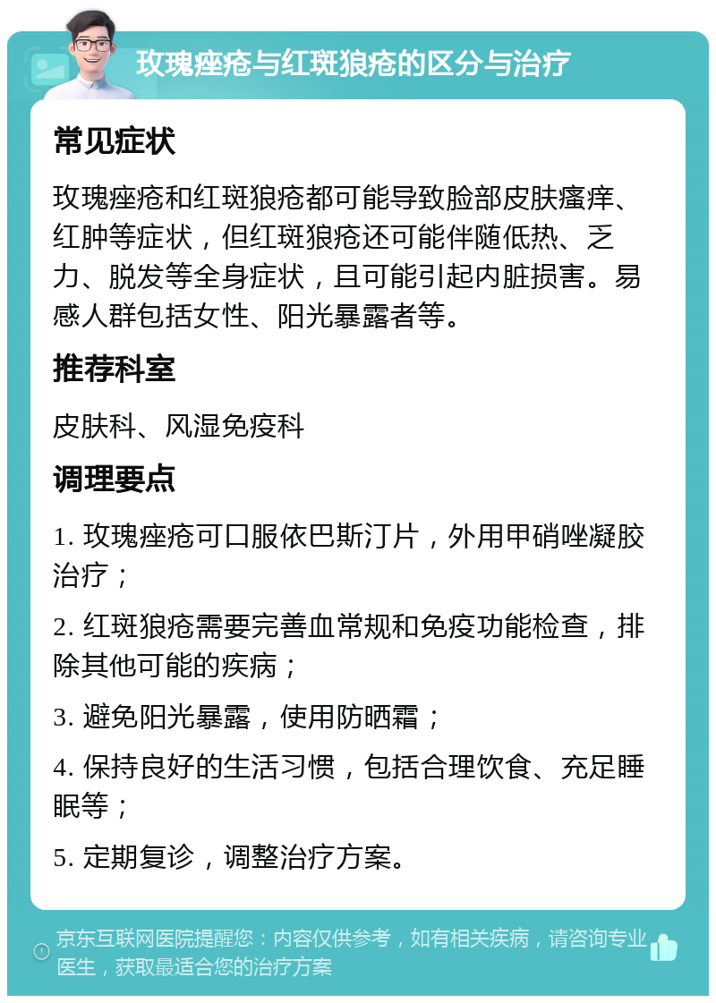 玫瑰痤疮与红斑狼疮的区分与治疗 常见症状 玫瑰痤疮和红斑狼疮都可能导致脸部皮肤瘙痒、红肿等症状，但红斑狼疮还可能伴随低热、乏力、脱发等全身症状，且可能引起内脏损害。易感人群包括女性、阳光暴露者等。 推荐科室 皮肤科、风湿免疫科 调理要点 1. 玫瑰痤疮可口服依巴斯汀片，外用甲硝唑凝胶治疗； 2. 红斑狼疮需要完善血常规和免疫功能检查，排除其他可能的疾病； 3. 避免阳光暴露，使用防晒霜； 4. 保持良好的生活习惯，包括合理饮食、充足睡眠等； 5. 定期复诊，调整治疗方案。