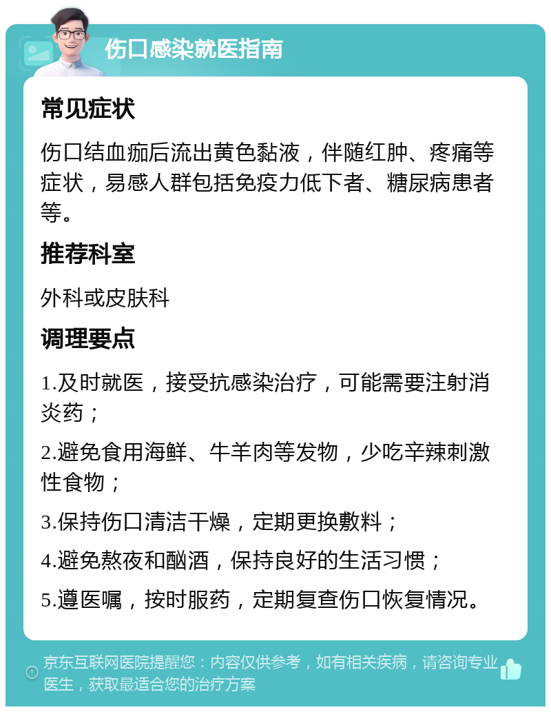 伤口感染就医指南 常见症状 伤口结血痂后流出黄色黏液，伴随红肿、疼痛等症状，易感人群包括免疫力低下者、糖尿病患者等。 推荐科室 外科或皮肤科 调理要点 1.及时就医，接受抗感染治疗，可能需要注射消炎药； 2.避免食用海鲜、牛羊肉等发物，少吃辛辣刺激性食物； 3.保持伤口清洁干燥，定期更换敷料； 4.避免熬夜和酗酒，保持良好的生活习惯； 5.遵医嘱，按时服药，定期复查伤口恢复情况。