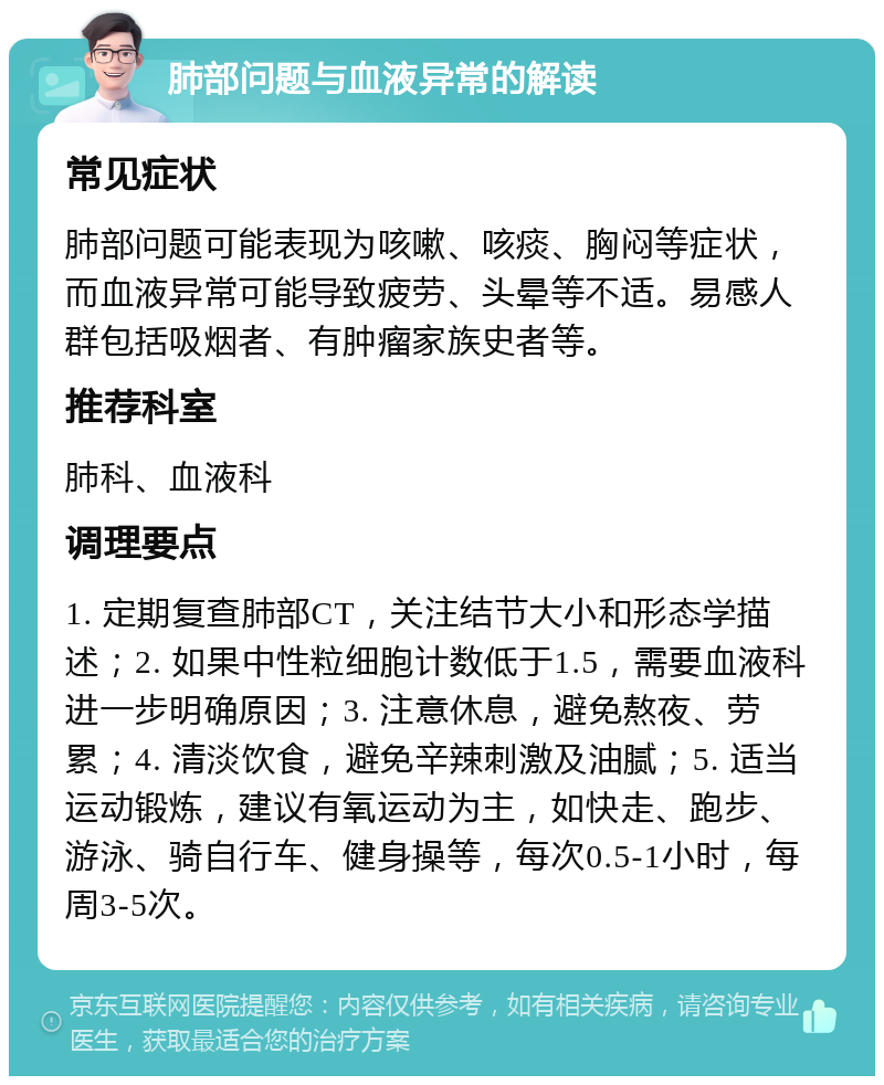 肺部问题与血液异常的解读 常见症状 肺部问题可能表现为咳嗽、咳痰、胸闷等症状，而血液异常可能导致疲劳、头晕等不适。易感人群包括吸烟者、有肿瘤家族史者等。 推荐科室 肺科、血液科 调理要点 1. 定期复查肺部CT，关注结节大小和形态学描述；2. 如果中性粒细胞计数低于1.5，需要血液科进一步明确原因；3. 注意休息，避免熬夜、劳累；4. 清淡饮食，避免辛辣刺激及油腻；5. 适当运动锻炼，建议有氧运动为主，如快走、跑步、游泳、骑自行车、健身操等，每次0.5-1小时，每周3-5次。