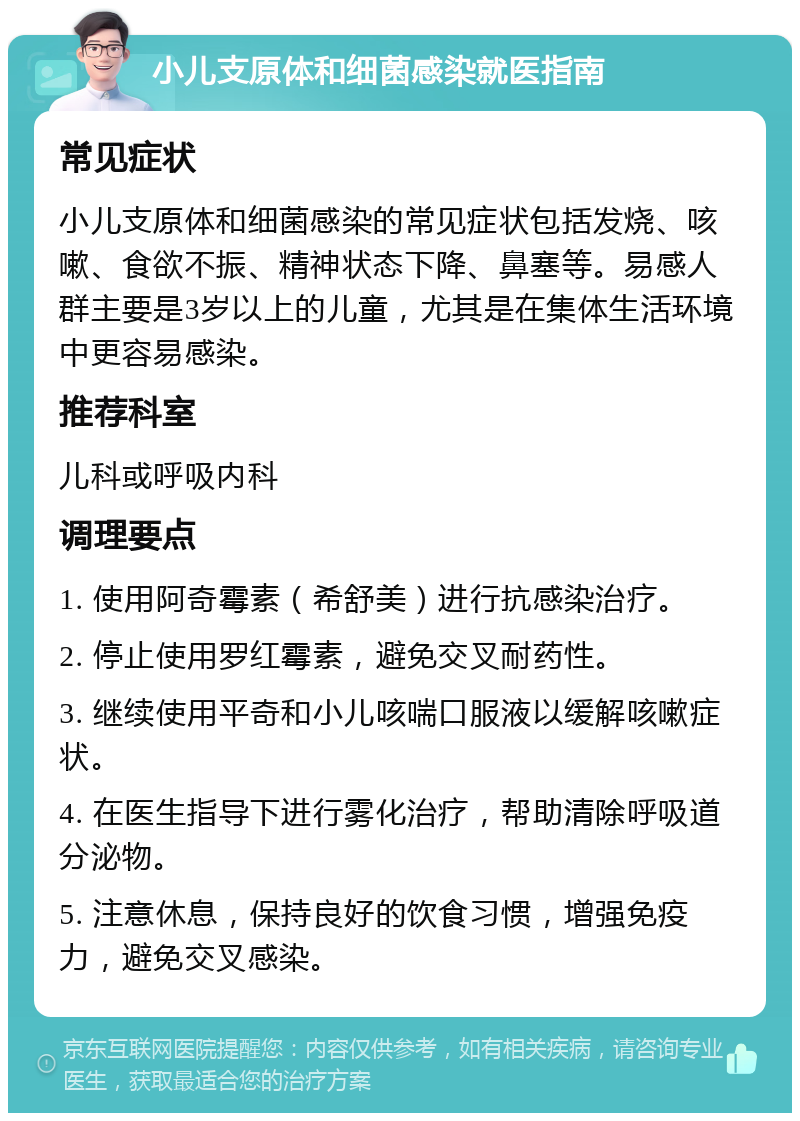 小儿支原体和细菌感染就医指南 常见症状 小儿支原体和细菌感染的常见症状包括发烧、咳嗽、食欲不振、精神状态下降、鼻塞等。易感人群主要是3岁以上的儿童，尤其是在集体生活环境中更容易感染。 推荐科室 儿科或呼吸内科 调理要点 1. 使用阿奇霉素（希舒美）进行抗感染治疗。 2. 停止使用罗红霉素，避免交叉耐药性。 3. 继续使用平奇和小儿咳喘口服液以缓解咳嗽症状。 4. 在医生指导下进行雾化治疗，帮助清除呼吸道分泌物。 5. 注意休息，保持良好的饮食习惯，增强免疫力，避免交叉感染。