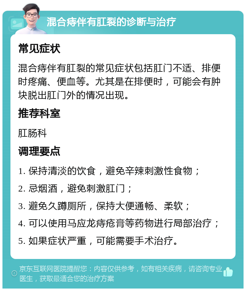 混合痔伴有肛裂的诊断与治疗 常见症状 混合痔伴有肛裂的常见症状包括肛门不适、排便时疼痛、便血等。尤其是在排便时，可能会有肿块脱出肛门外的情况出现。 推荐科室 肛肠科 调理要点 1. 保持清淡的饮食，避免辛辣刺激性食物； 2. 忌烟酒，避免刺激肛门； 3. 避免久蹲厕所，保持大便通畅、柔软； 4. 可以使用马应龙痔疮膏等药物进行局部治疗； 5. 如果症状严重，可能需要手术治疗。