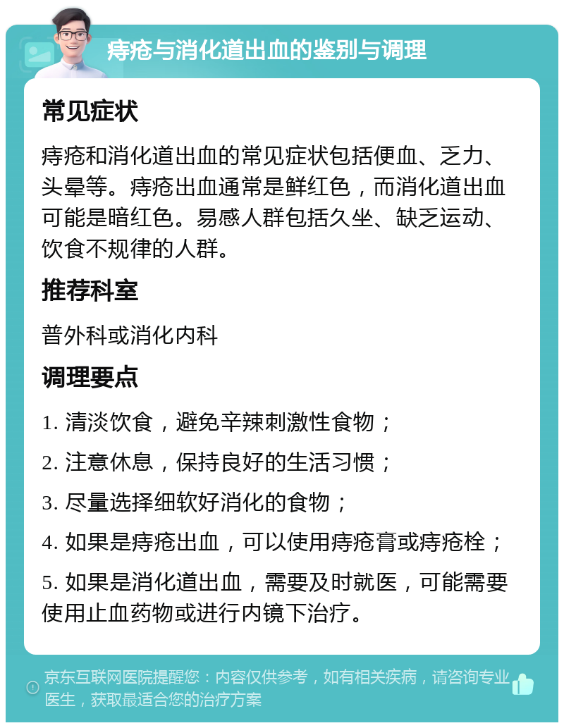 痔疮与消化道出血的鉴别与调理 常见症状 痔疮和消化道出血的常见症状包括便血、乏力、头晕等。痔疮出血通常是鲜红色，而消化道出血可能是暗红色。易感人群包括久坐、缺乏运动、饮食不规律的人群。 推荐科室 普外科或消化内科 调理要点 1. 清淡饮食，避免辛辣刺激性食物； 2. 注意休息，保持良好的生活习惯； 3. 尽量选择细软好消化的食物； 4. 如果是痔疮出血，可以使用痔疮膏或痔疮栓； 5. 如果是消化道出血，需要及时就医，可能需要使用止血药物或进行内镜下治疗。