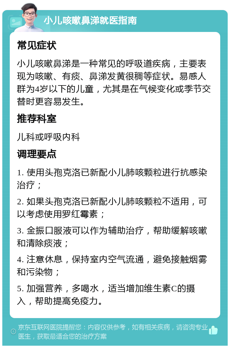 小儿咳嗽鼻涕就医指南 常见症状 小儿咳嗽鼻涕是一种常见的呼吸道疾病，主要表现为咳嗽、有痰、鼻涕发黄很稠等症状。易感人群为4岁以下的儿童，尤其是在气候变化或季节交替时更容易发生。 推荐科室 儿科或呼吸内科 调理要点 1. 使用头孢克洛已新配小儿肺咳颗粒进行抗感染治疗； 2. 如果头孢克洛已新配小儿肺咳颗粒不适用，可以考虑使用罗红霉素； 3. 金振口服液可以作为辅助治疗，帮助缓解咳嗽和清除痰液； 4. 注意休息，保持室内空气流通，避免接触烟雾和污染物； 5. 加强营养，多喝水，适当增加维生素C的摄入，帮助提高免疫力。