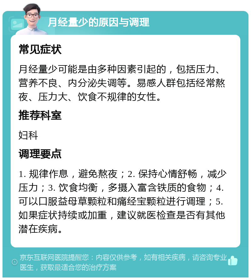 月经量少的原因与调理 常见症状 月经量少可能是由多种因素引起的，包括压力、营养不良、内分泌失调等。易感人群包括经常熬夜、压力大、饮食不规律的女性。 推荐科室 妇科 调理要点 1. 规律作息，避免熬夜；2. 保持心情舒畅，减少压力；3. 饮食均衡，多摄入富含铁质的食物；4. 可以口服益母草颗粒和痛经宝颗粒进行调理；5. 如果症状持续或加重，建议就医检查是否有其他潜在疾病。