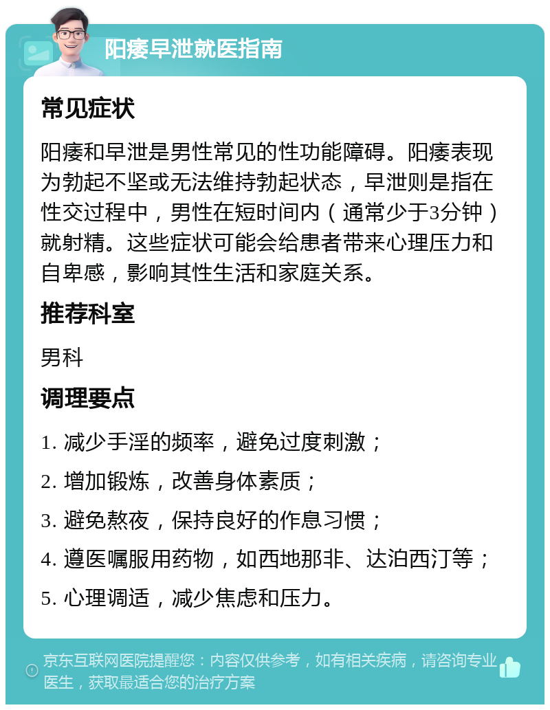 阳痿早泄就医指南 常见症状 阳痿和早泄是男性常见的性功能障碍。阳痿表现为勃起不坚或无法维持勃起状态，早泄则是指在性交过程中，男性在短时间内（通常少于3分钟）就射精。这些症状可能会给患者带来心理压力和自卑感，影响其性生活和家庭关系。 推荐科室 男科 调理要点 1. 减少手淫的频率，避免过度刺激； 2. 增加锻炼，改善身体素质； 3. 避免熬夜，保持良好的作息习惯； 4. 遵医嘱服用药物，如西地那非、达泊西汀等； 5. 心理调适，减少焦虑和压力。