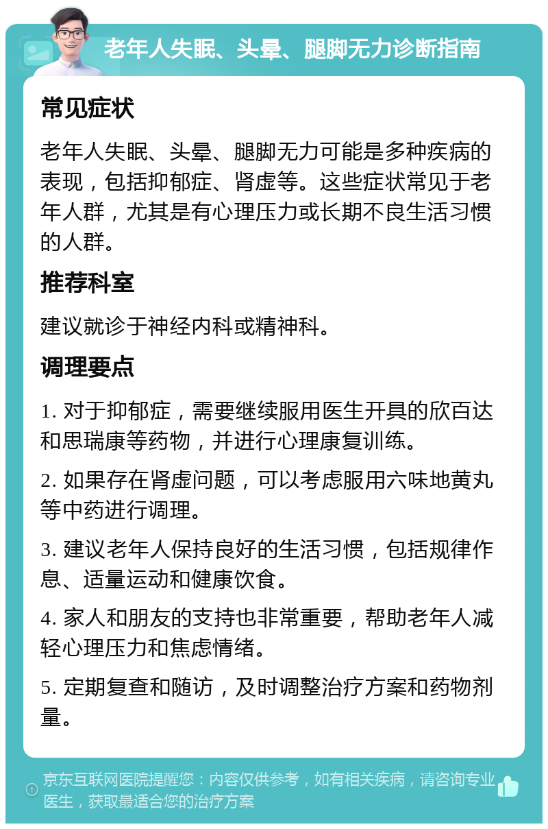 老年人失眠、头晕、腿脚无力诊断指南 常见症状 老年人失眠、头晕、腿脚无力可能是多种疾病的表现，包括抑郁症、肾虚等。这些症状常见于老年人群，尤其是有心理压力或长期不良生活习惯的人群。 推荐科室 建议就诊于神经内科或精神科。 调理要点 1. 对于抑郁症，需要继续服用医生开具的欣百达和思瑞康等药物，并进行心理康复训练。 2. 如果存在肾虚问题，可以考虑服用六味地黄丸等中药进行调理。 3. 建议老年人保持良好的生活习惯，包括规律作息、适量运动和健康饮食。 4. 家人和朋友的支持也非常重要，帮助老年人减轻心理压力和焦虑情绪。 5. 定期复查和随访，及时调整治疗方案和药物剂量。