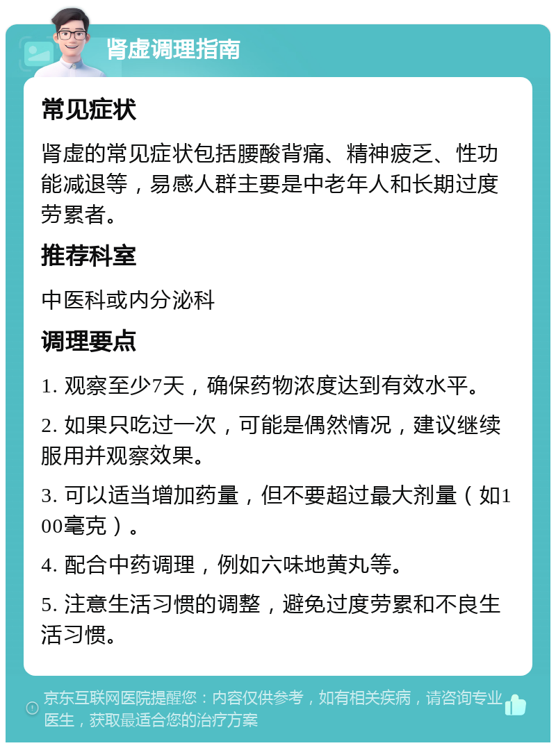 肾虚调理指南 常见症状 肾虚的常见症状包括腰酸背痛、精神疲乏、性功能减退等，易感人群主要是中老年人和长期过度劳累者。 推荐科室 中医科或内分泌科 调理要点 1. 观察至少7天，确保药物浓度达到有效水平。 2. 如果只吃过一次，可能是偶然情况，建议继续服用并观察效果。 3. 可以适当增加药量，但不要超过最大剂量（如100毫克）。 4. 配合中药调理，例如六味地黄丸等。 5. 注意生活习惯的调整，避免过度劳累和不良生活习惯。