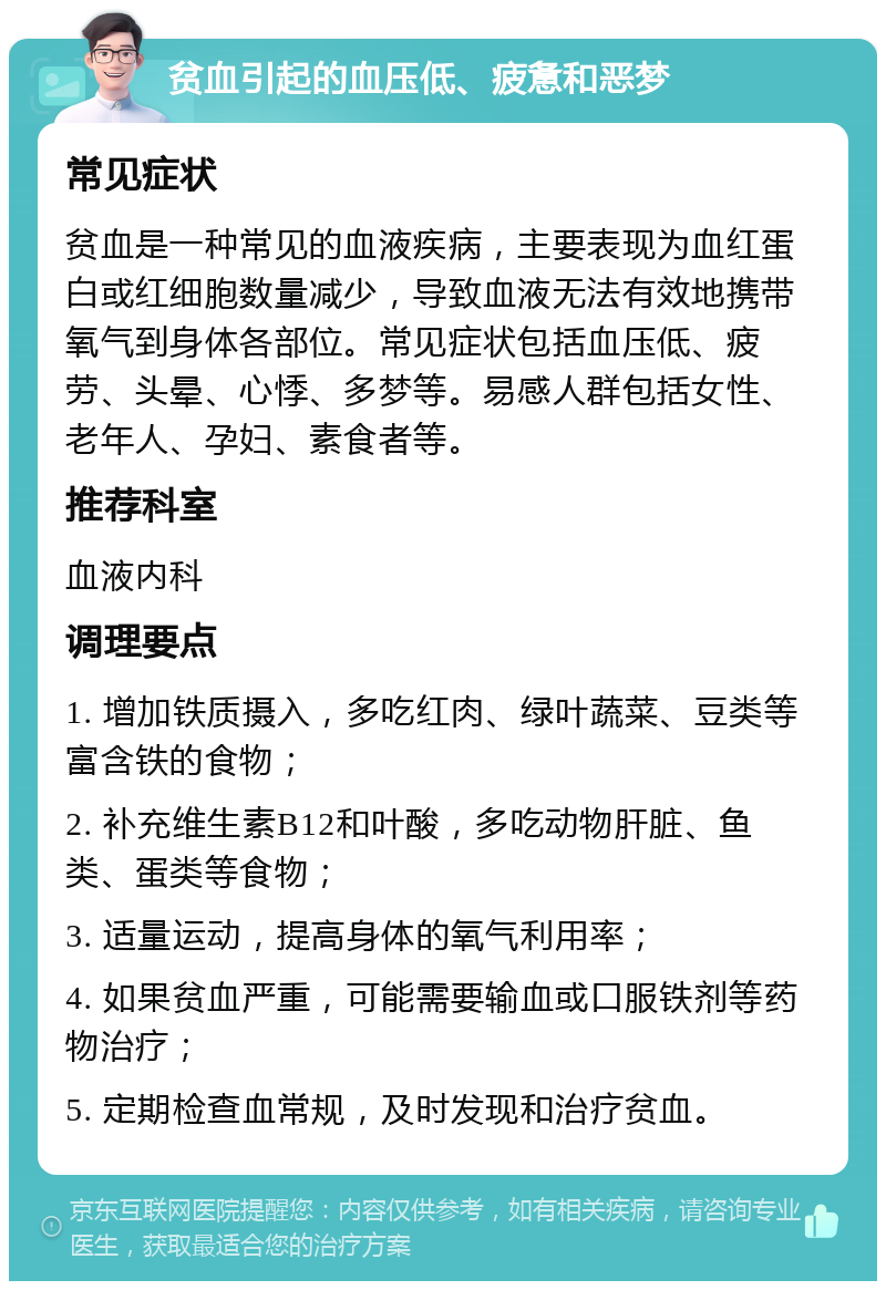 贫血引起的血压低、疲惫和恶梦 常见症状 贫血是一种常见的血液疾病，主要表现为血红蛋白或红细胞数量减少，导致血液无法有效地携带氧气到身体各部位。常见症状包括血压低、疲劳、头晕、心悸、多梦等。易感人群包括女性、老年人、孕妇、素食者等。 推荐科室 血液内科 调理要点 1. 增加铁质摄入，多吃红肉、绿叶蔬菜、豆类等富含铁的食物； 2. 补充维生素B12和叶酸，多吃动物肝脏、鱼类、蛋类等食物； 3. 适量运动，提高身体的氧气利用率； 4. 如果贫血严重，可能需要输血或口服铁剂等药物治疗； 5. 定期检查血常规，及时发现和治疗贫血。