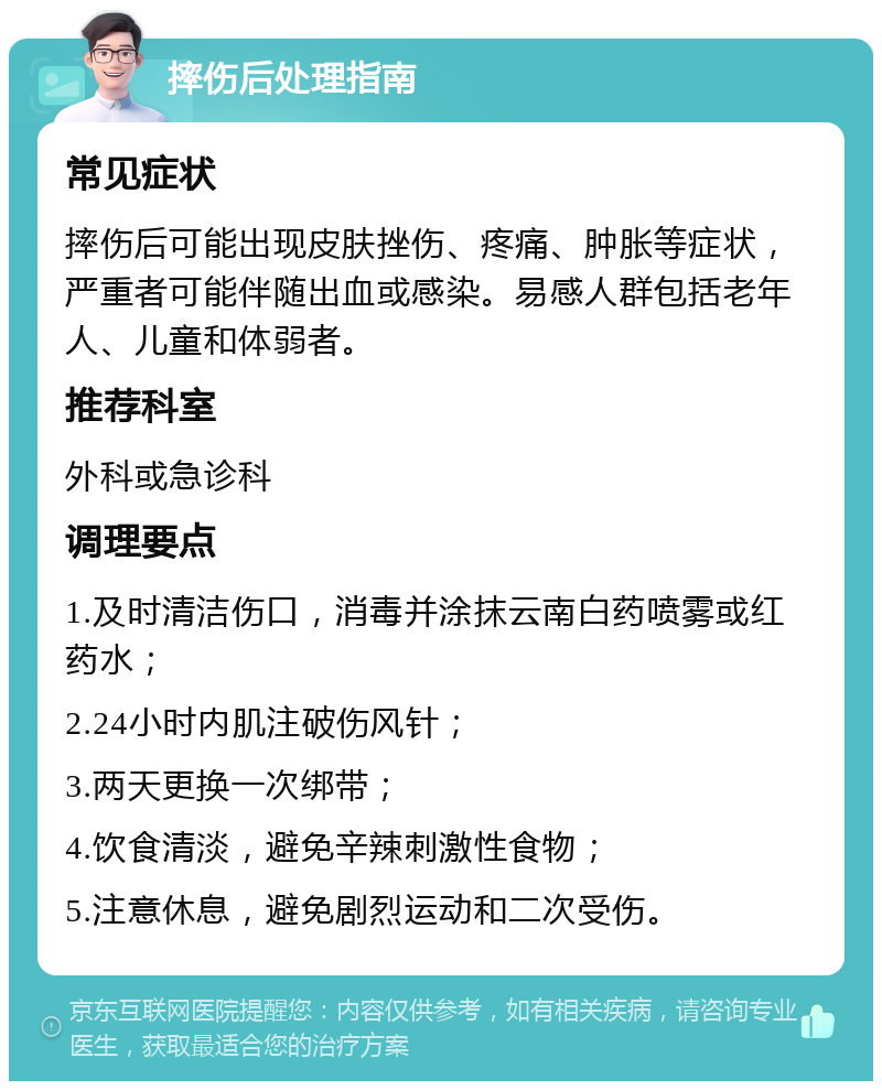 摔伤后处理指南 常见症状 摔伤后可能出现皮肤挫伤、疼痛、肿胀等症状，严重者可能伴随出血或感染。易感人群包括老年人、儿童和体弱者。 推荐科室 外科或急诊科 调理要点 1.及时清洁伤口，消毒并涂抹云南白药喷雾或红药水； 2.24小时内肌注破伤风针； 3.两天更换一次绑带； 4.饮食清淡，避免辛辣刺激性食物； 5.注意休息，避免剧烈运动和二次受伤。