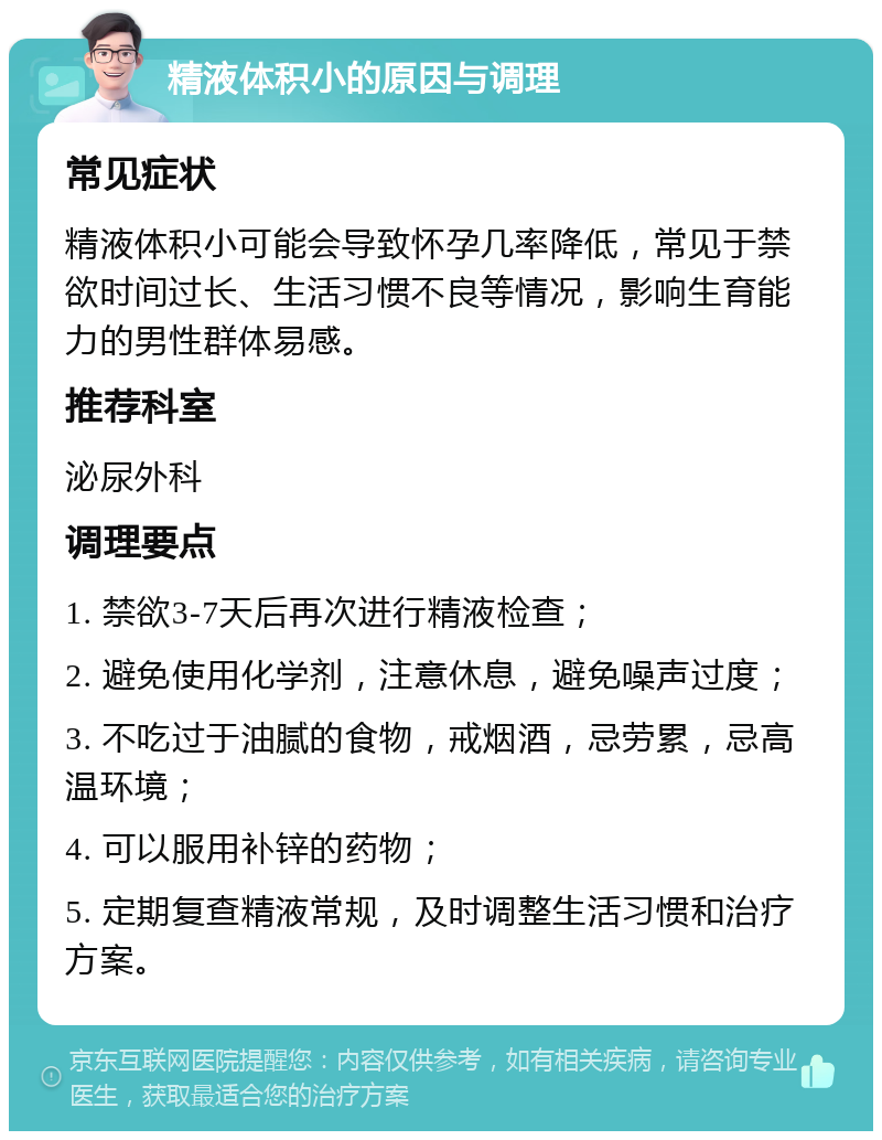 精液体积小的原因与调理 常见症状 精液体积小可能会导致怀孕几率降低，常见于禁欲时间过长、生活习惯不良等情况，影响生育能力的男性群体易感。 推荐科室 泌尿外科 调理要点 1. 禁欲3-7天后再次进行精液检查； 2. 避免使用化学剂，注意休息，避免噪声过度； 3. 不吃过于油腻的食物，戒烟酒，忌劳累，忌高温环境； 4. 可以服用补锌的药物； 5. 定期复查精液常规，及时调整生活习惯和治疗方案。