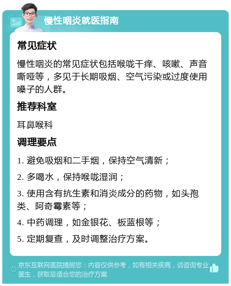 慢性咽炎就医指南 常见症状 慢性咽炎的常见症状包括喉咙干痒、咳嗽、声音嘶哑等，多见于长期吸烟、空气污染或过度使用嗓子的人群。 推荐科室 耳鼻喉科 调理要点 1. 避免吸烟和二手烟，保持空气清新； 2. 多喝水，保持喉咙湿润； 3. 使用含有抗生素和消炎成分的药物，如头孢类、阿奇霉素等； 4. 中药调理，如金银花、板蓝根等； 5. 定期复查，及时调整治疗方案。