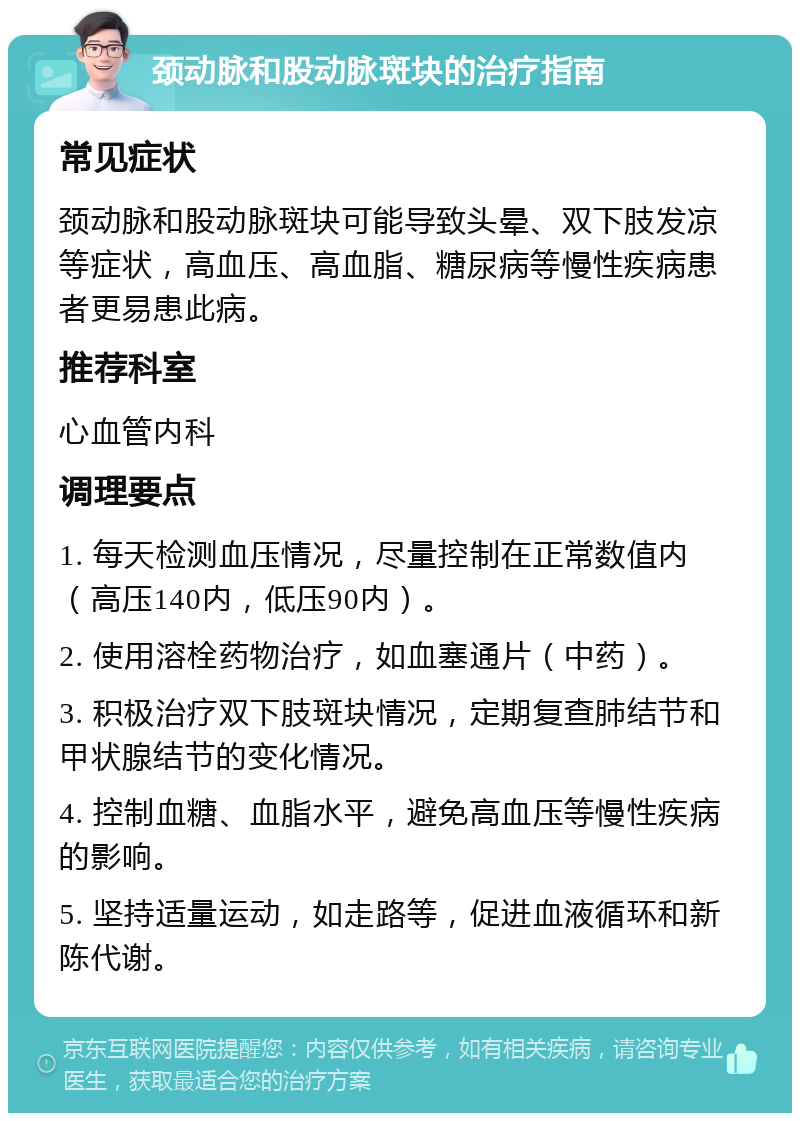 颈动脉和股动脉斑块的治疗指南 常见症状 颈动脉和股动脉斑块可能导致头晕、双下肢发凉等症状，高血压、高血脂、糖尿病等慢性疾病患者更易患此病。 推荐科室 心血管内科 调理要点 1. 每天检测血压情况，尽量控制在正常数值内（高压140内，低压90内）。 2. 使用溶栓药物治疗，如血塞通片（中药）。 3. 积极治疗双下肢斑块情况，定期复查肺结节和甲状腺结节的变化情况。 4. 控制血糖、血脂水平，避免高血压等慢性疾病的影响。 5. 坚持适量运动，如走路等，促进血液循环和新陈代谢。