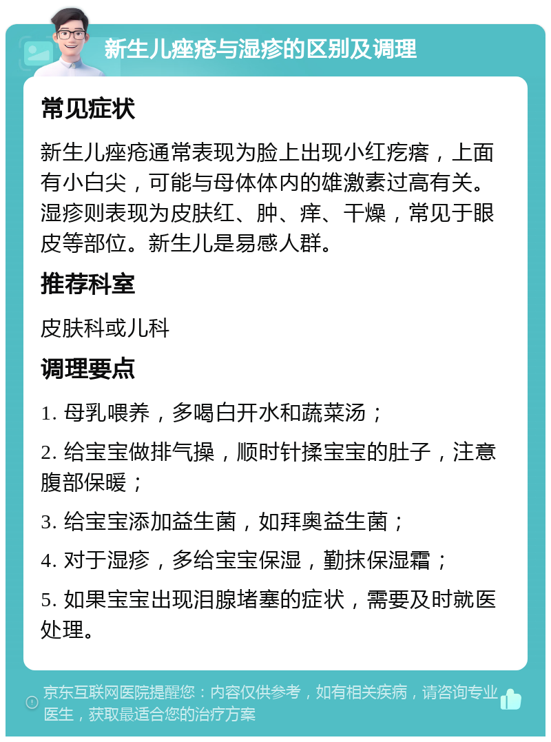 新生儿痤疮与湿疹的区别及调理 常见症状 新生儿痤疮通常表现为脸上出现小红疙瘩，上面有小白尖，可能与母体体内的雄激素过高有关。湿疹则表现为皮肤红、肿、痒、干燥，常见于眼皮等部位。新生儿是易感人群。 推荐科室 皮肤科或儿科 调理要点 1. 母乳喂养，多喝白开水和蔬菜汤； 2. 给宝宝做排气操，顺时针揉宝宝的肚子，注意腹部保暖； 3. 给宝宝添加益生菌，如拜奥益生菌； 4. 对于湿疹，多给宝宝保湿，勤抹保湿霜； 5. 如果宝宝出现泪腺堵塞的症状，需要及时就医处理。