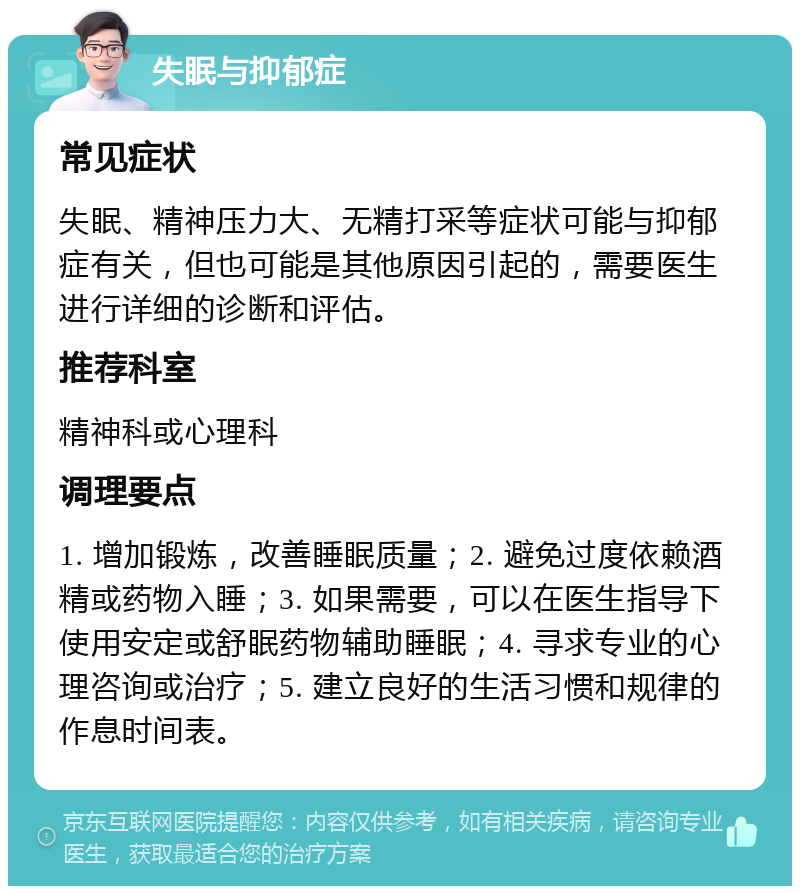 失眠与抑郁症 常见症状 失眠、精神压力大、无精打采等症状可能与抑郁症有关，但也可能是其他原因引起的，需要医生进行详细的诊断和评估。 推荐科室 精神科或心理科 调理要点 1. 增加锻炼，改善睡眠质量；2. 避免过度依赖酒精或药物入睡；3. 如果需要，可以在医生指导下使用安定或舒眠药物辅助睡眠；4. 寻求专业的心理咨询或治疗；5. 建立良好的生活习惯和规律的作息时间表。