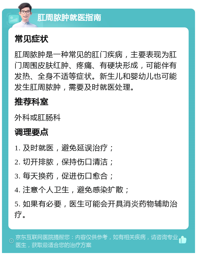 肛周脓肿就医指南 常见症状 肛周脓肿是一种常见的肛门疾病，主要表现为肛门周围皮肤红肿、疼痛、有硬块形成，可能伴有发热、全身不适等症状。新生儿和婴幼儿也可能发生肛周脓肿，需要及时就医处理。 推荐科室 外科或肛肠科 调理要点 1. 及时就医，避免延误治疗； 2. 切开排脓，保持伤口清洁； 3. 每天换药，促进伤口愈合； 4. 注意个人卫生，避免感染扩散； 5. 如果有必要，医生可能会开具消炎药物辅助治疗。