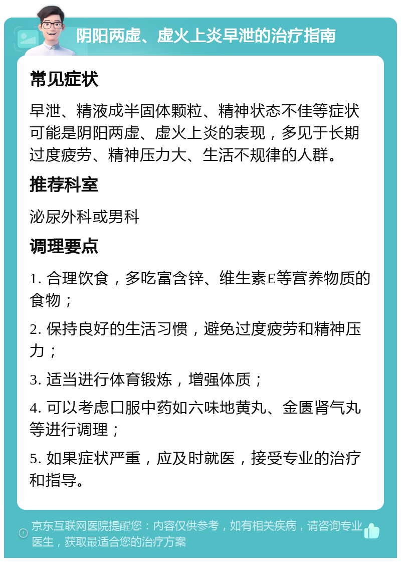 阴阳两虚、虚火上炎早泄的治疗指南 常见症状 早泄、精液成半固体颗粒、精神状态不佳等症状可能是阴阳两虚、虚火上炎的表现，多见于长期过度疲劳、精神压力大、生活不规律的人群。 推荐科室 泌尿外科或男科 调理要点 1. 合理饮食，多吃富含锌、维生素E等营养物质的食物； 2. 保持良好的生活习惯，避免过度疲劳和精神压力； 3. 适当进行体育锻炼，增强体质； 4. 可以考虑口服中药如六味地黄丸、金匮肾气丸等进行调理； 5. 如果症状严重，应及时就医，接受专业的治疗和指导。