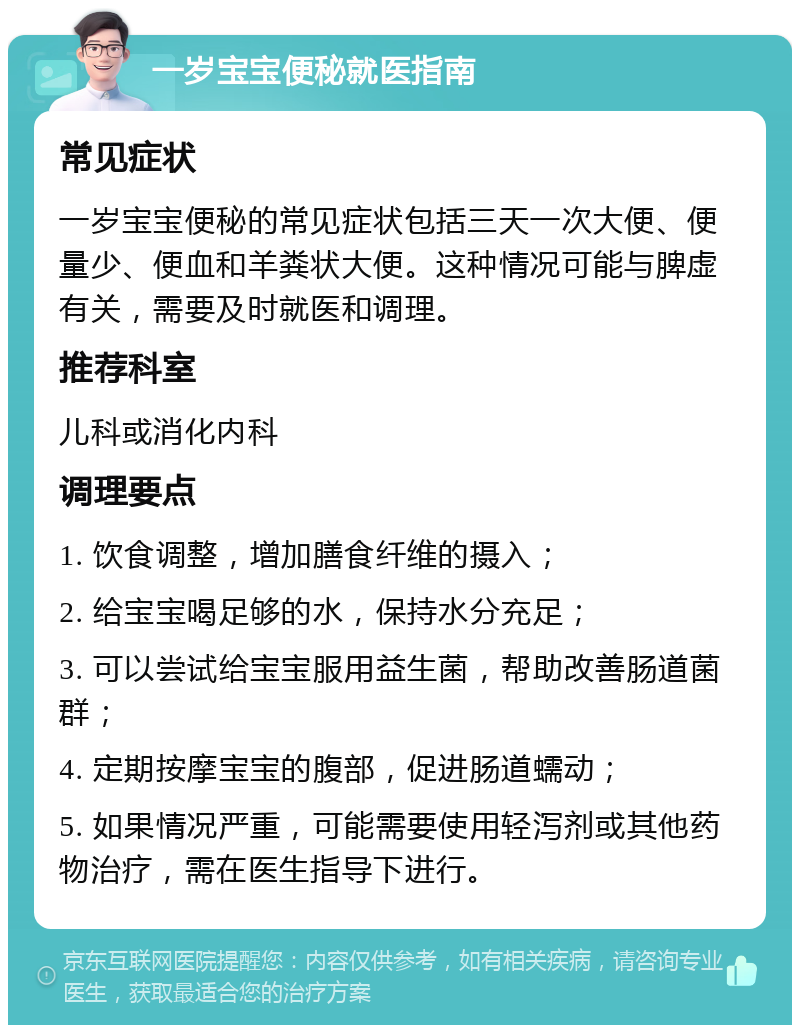 一岁宝宝便秘就医指南 常见症状 一岁宝宝便秘的常见症状包括三天一次大便、便量少、便血和羊粪状大便。这种情况可能与脾虚有关，需要及时就医和调理。 推荐科室 儿科或消化内科 调理要点 1. 饮食调整，增加膳食纤维的摄入； 2. 给宝宝喝足够的水，保持水分充足； 3. 可以尝试给宝宝服用益生菌，帮助改善肠道菌群； 4. 定期按摩宝宝的腹部，促进肠道蠕动； 5. 如果情况严重，可能需要使用轻泻剂或其他药物治疗，需在医生指导下进行。