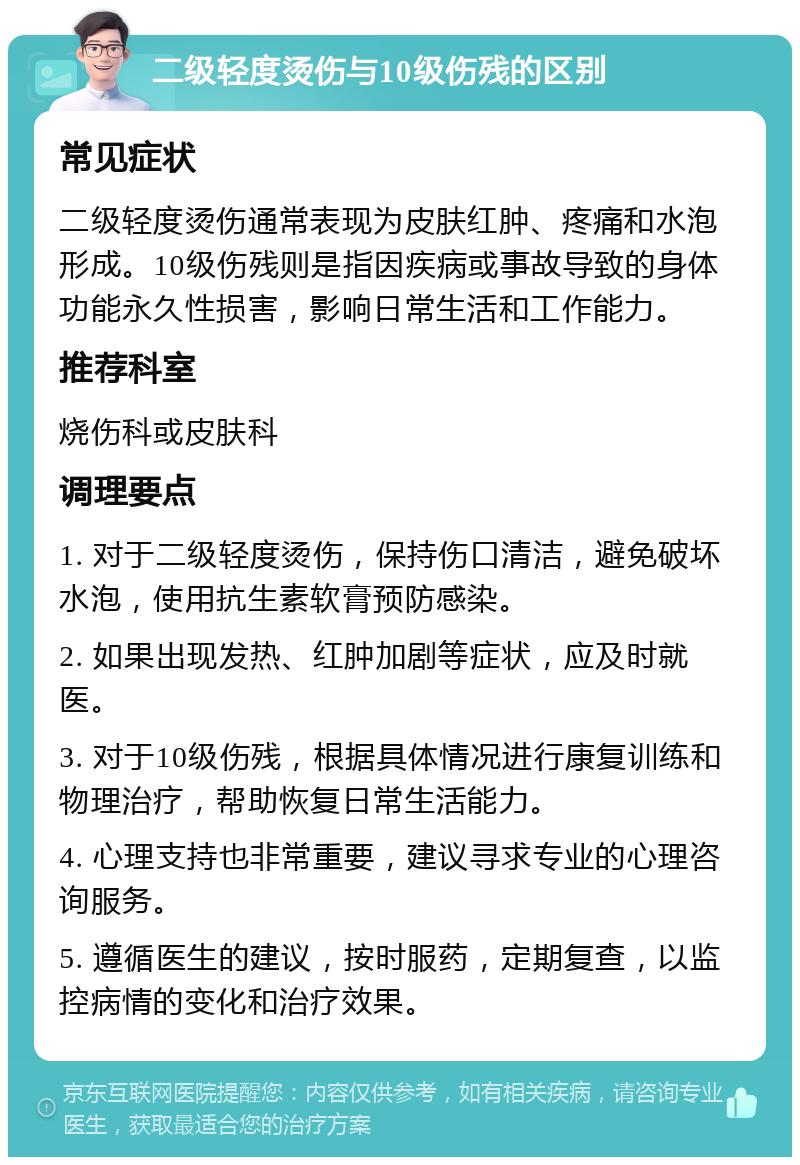 二级轻度烫伤与10级伤残的区别 常见症状 二级轻度烫伤通常表现为皮肤红肿、疼痛和水泡形成。10级伤残则是指因疾病或事故导致的身体功能永久性损害，影响日常生活和工作能力。 推荐科室 烧伤科或皮肤科 调理要点 1. 对于二级轻度烫伤，保持伤口清洁，避免破坏水泡，使用抗生素软膏预防感染。 2. 如果出现发热、红肿加剧等症状，应及时就医。 3. 对于10级伤残，根据具体情况进行康复训练和物理治疗，帮助恢复日常生活能力。 4. 心理支持也非常重要，建议寻求专业的心理咨询服务。 5. 遵循医生的建议，按时服药，定期复查，以监控病情的变化和治疗效果。