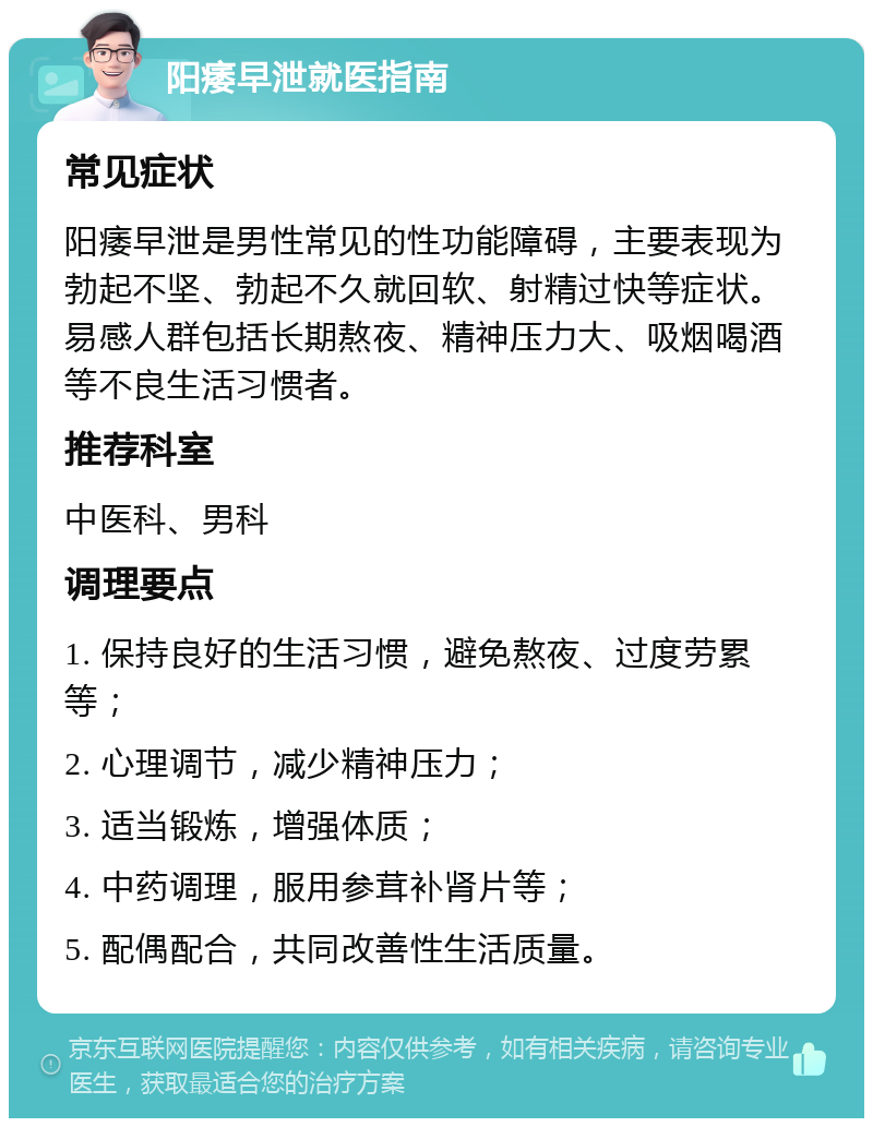 阳痿早泄就医指南 常见症状 阳痿早泄是男性常见的性功能障碍，主要表现为勃起不坚、勃起不久就回软、射精过快等症状。易感人群包括长期熬夜、精神压力大、吸烟喝酒等不良生活习惯者。 推荐科室 中医科、男科 调理要点 1. 保持良好的生活习惯，避免熬夜、过度劳累等； 2. 心理调节，减少精神压力； 3. 适当锻炼，增强体质； 4. 中药调理，服用参茸补肾片等； 5. 配偶配合，共同改善性生活质量。