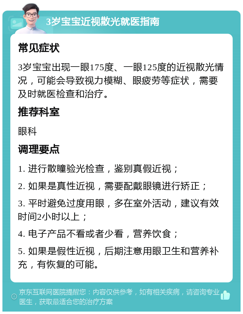 3岁宝宝近视散光就医指南 常见症状 3岁宝宝出现一眼175度、一眼125度的近视散光情况，可能会导致视力模糊、眼疲劳等症状，需要及时就医检查和治疗。 推荐科室 眼科 调理要点 1. 进行散瞳验光检查，鉴别真假近视； 2. 如果是真性近视，需要配戴眼镜进行矫正； 3. 平时避免过度用眼，多在室外活动，建议有效时间2小时以上； 4. 电子产品不看或者少看，营养饮食； 5. 如果是假性近视，后期注意用眼卫生和营养补充，有恢复的可能。