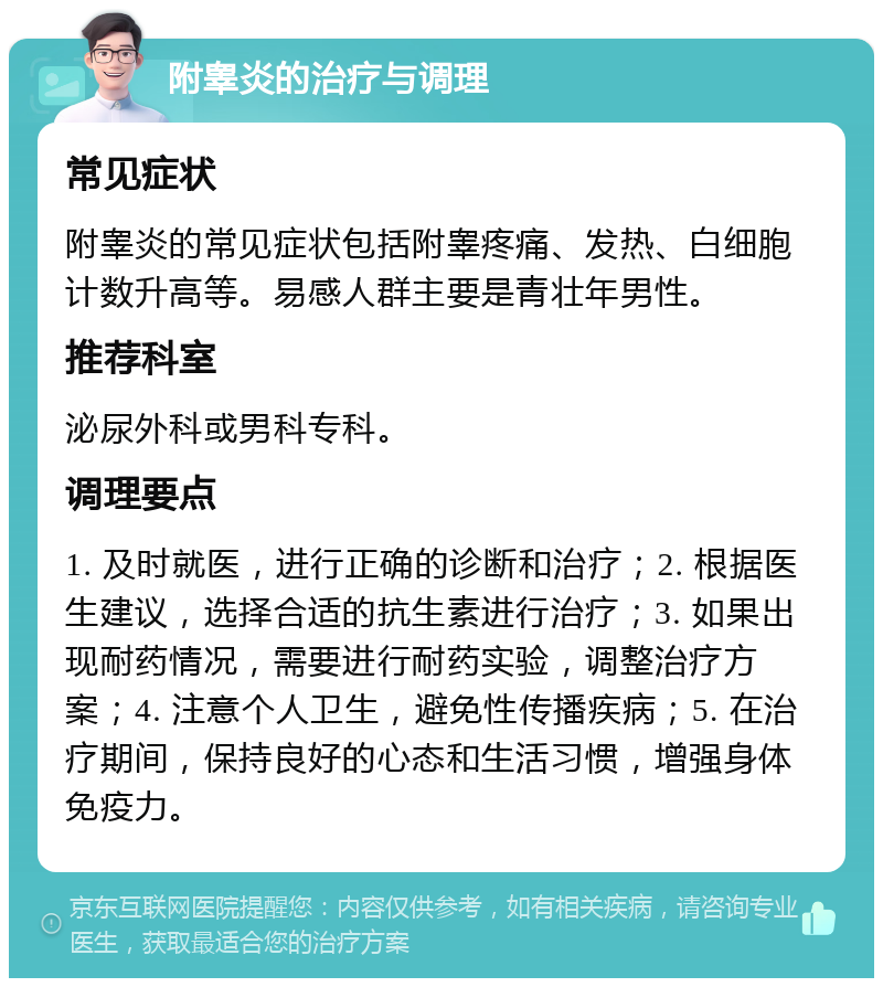 附睾炎的治疗与调理 常见症状 附睾炎的常见症状包括附睾疼痛、发热、白细胞计数升高等。易感人群主要是青壮年男性。 推荐科室 泌尿外科或男科专科。 调理要点 1. 及时就医，进行正确的诊断和治疗；2. 根据医生建议，选择合适的抗生素进行治疗；3. 如果出现耐药情况，需要进行耐药实验，调整治疗方案；4. 注意个人卫生，避免性传播疾病；5. 在治疗期间，保持良好的心态和生活习惯，增强身体免疫力。