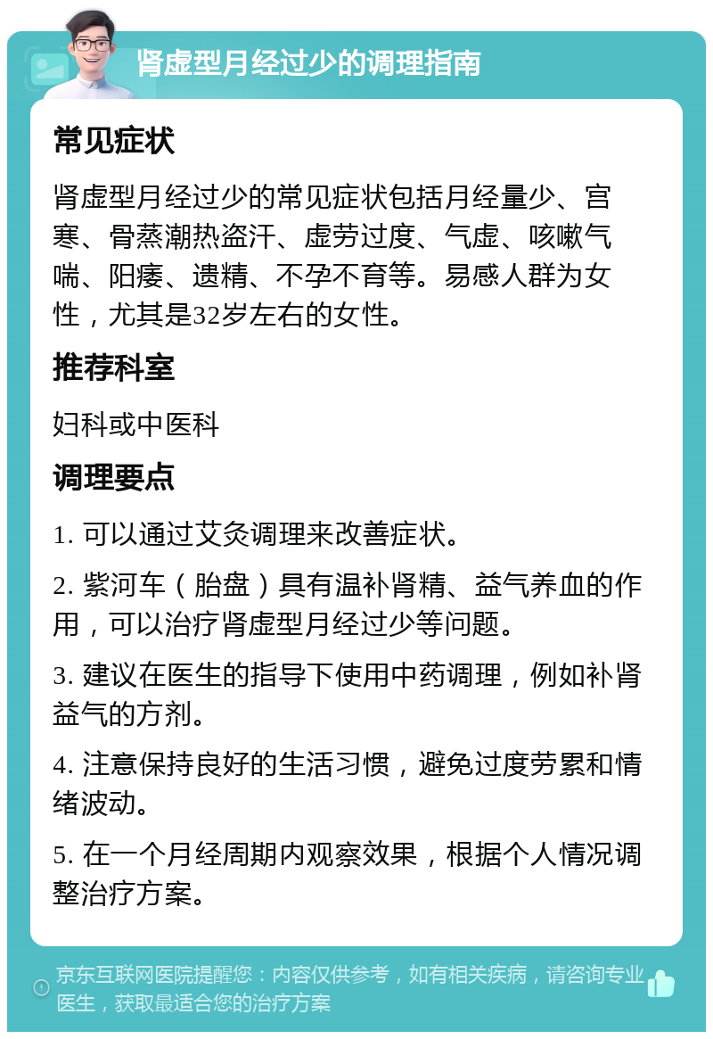 肾虚型月经过少的调理指南 常见症状 肾虚型月经过少的常见症状包括月经量少、宫寒、骨蒸潮热盗汗、虚劳过度、气虚、咳嗽气喘、阳痿、遗精、不孕不育等。易感人群为女性，尤其是32岁左右的女性。 推荐科室 妇科或中医科 调理要点 1. 可以通过艾灸调理来改善症状。 2. 紫河车（胎盘）具有温补肾精、益气养血的作用，可以治疗肾虚型月经过少等问题。 3. 建议在医生的指导下使用中药调理，例如补肾益气的方剂。 4. 注意保持良好的生活习惯，避免过度劳累和情绪波动。 5. 在一个月经周期内观察效果，根据个人情况调整治疗方案。