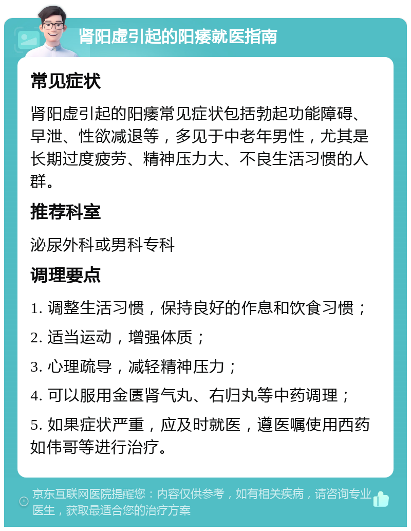 肾阳虚引起的阳痿就医指南 常见症状 肾阳虚引起的阳痿常见症状包括勃起功能障碍、早泄、性欲减退等，多见于中老年男性，尤其是长期过度疲劳、精神压力大、不良生活习惯的人群。 推荐科室 泌尿外科或男科专科 调理要点 1. 调整生活习惯，保持良好的作息和饮食习惯； 2. 适当运动，增强体质； 3. 心理疏导，减轻精神压力； 4. 可以服用金匮肾气丸、右归丸等中药调理； 5. 如果症状严重，应及时就医，遵医嘱使用西药如伟哥等进行治疗。