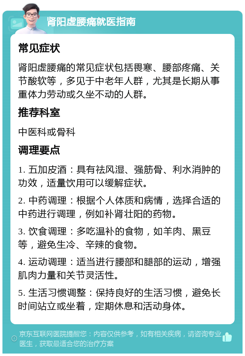 肾阳虚腰痛就医指南 常见症状 肾阳虚腰痛的常见症状包括畏寒、腰部疼痛、关节酸软等，多见于中老年人群，尤其是长期从事重体力劳动或久坐不动的人群。 推荐科室 中医科或骨科 调理要点 1. 五加皮酒：具有祛风湿、强筋骨、利水消肿的功效，适量饮用可以缓解症状。 2. 中药调理：根据个人体质和病情，选择合适的中药进行调理，例如补肾壮阳的药物。 3. 饮食调理：多吃温补的食物，如羊肉、黑豆等，避免生冷、辛辣的食物。 4. 运动调理：适当进行腰部和腿部的运动，增强肌肉力量和关节灵活性。 5. 生活习惯调整：保持良好的生活习惯，避免长时间站立或坐着，定期休息和活动身体。