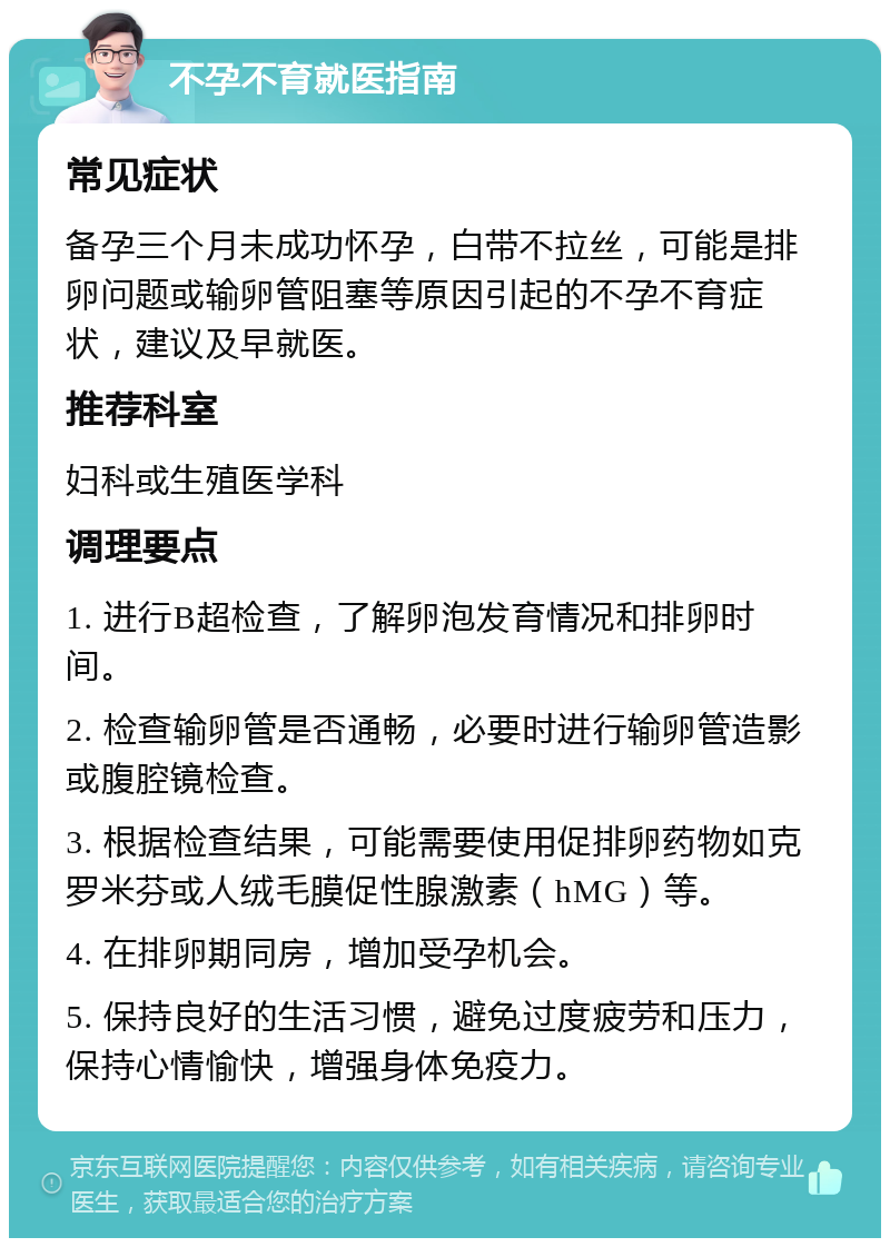 不孕不育就医指南 常见症状 备孕三个月未成功怀孕，白带不拉丝，可能是排卵问题或输卵管阻塞等原因引起的不孕不育症状，建议及早就医。 推荐科室 妇科或生殖医学科 调理要点 1. 进行B超检查，了解卵泡发育情况和排卵时间。 2. 检查输卵管是否通畅，必要时进行输卵管造影或腹腔镜检查。 3. 根据检查结果，可能需要使用促排卵药物如克罗米芬或人绒毛膜促性腺激素（hMG）等。 4. 在排卵期同房，增加受孕机会。 5. 保持良好的生活习惯，避免过度疲劳和压力，保持心情愉快，增强身体免疫力。