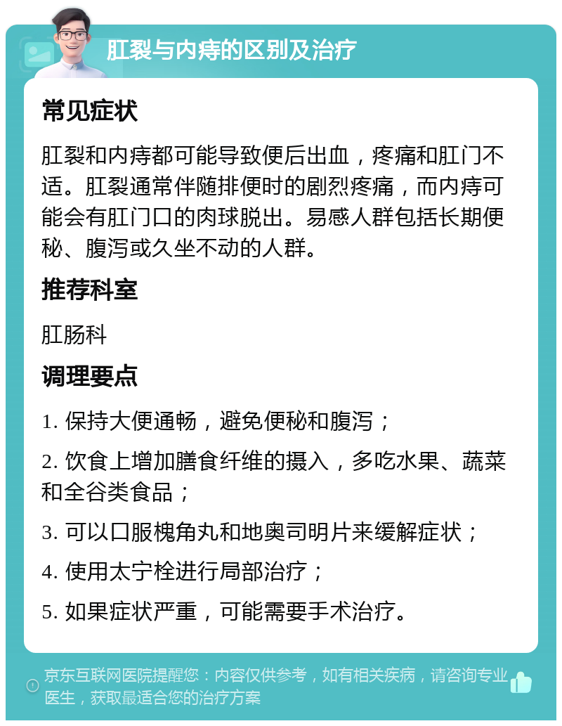 肛裂与内痔的区别及治疗 常见症状 肛裂和内痔都可能导致便后出血，疼痛和肛门不适。肛裂通常伴随排便时的剧烈疼痛，而内痔可能会有肛门口的肉球脱出。易感人群包括长期便秘、腹泻或久坐不动的人群。 推荐科室 肛肠科 调理要点 1. 保持大便通畅，避免便秘和腹泻； 2. 饮食上增加膳食纤维的摄入，多吃水果、蔬菜和全谷类食品； 3. 可以口服槐角丸和地奥司明片来缓解症状； 4. 使用太宁栓进行局部治疗； 5. 如果症状严重，可能需要手术治疗。