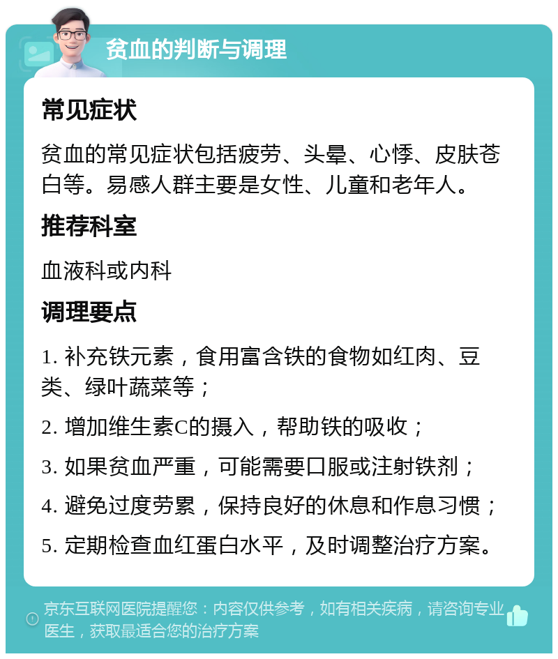 贫血的判断与调理 常见症状 贫血的常见症状包括疲劳、头晕、心悸、皮肤苍白等。易感人群主要是女性、儿童和老年人。 推荐科室 血液科或内科 调理要点 1. 补充铁元素，食用富含铁的食物如红肉、豆类、绿叶蔬菜等； 2. 增加维生素C的摄入，帮助铁的吸收； 3. 如果贫血严重，可能需要口服或注射铁剂； 4. 避免过度劳累，保持良好的休息和作息习惯； 5. 定期检查血红蛋白水平，及时调整治疗方案。